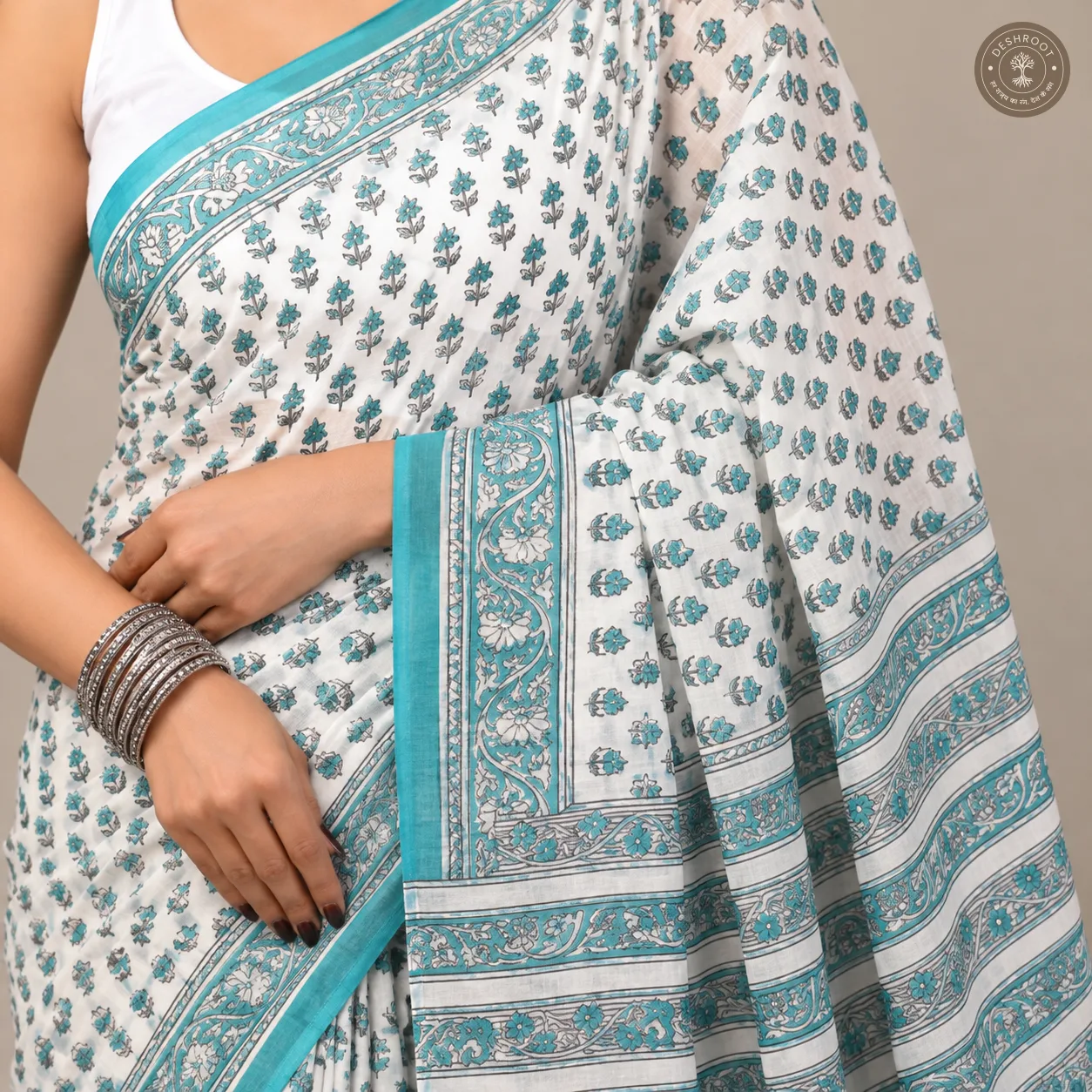Aqua Blossom Hand Block Printed Mal Cotton Saree with Blouse Fabric