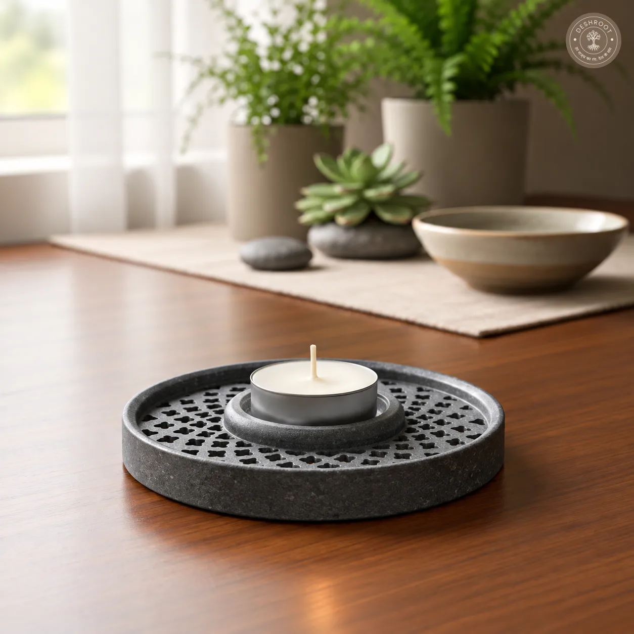Handmade Marble Soapstone Tealight Candle Holder | Round Lattice Carved Decorative Diya for Home & Festive Décor