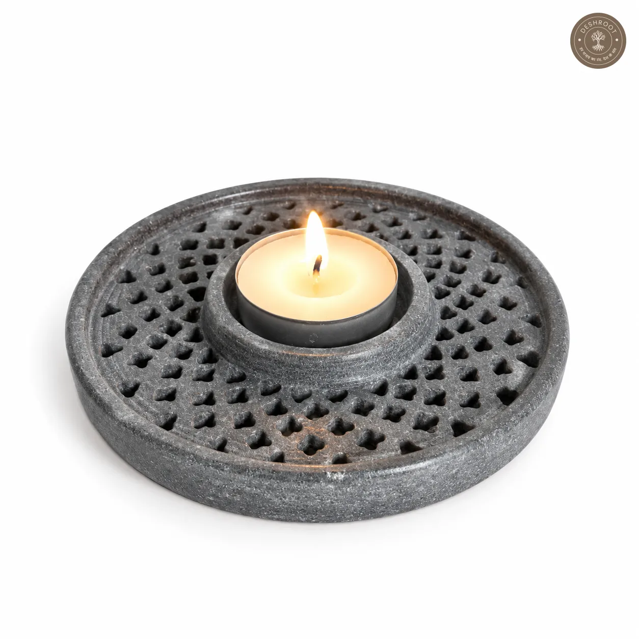 Handmade Marble Soapstone Tealight Candle Holder | Round Lattice Carved Decorative Diya for Home & Festive Décor