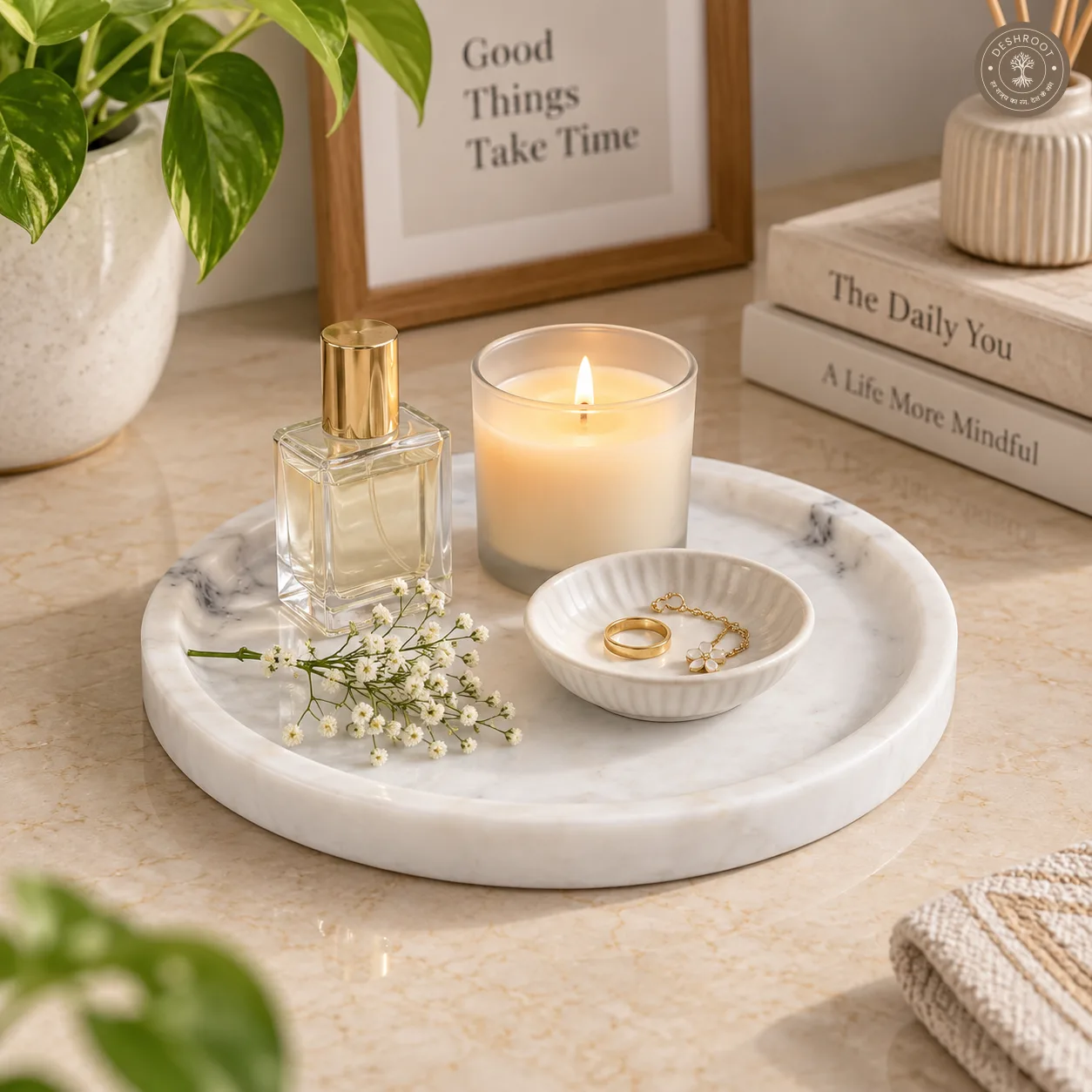 Handcrafted Agra Saar Marka Marble Round Tray – Premium White Marble Serving Platter with Polished Finish for Pooja, Vanity, Dining & Home Décor