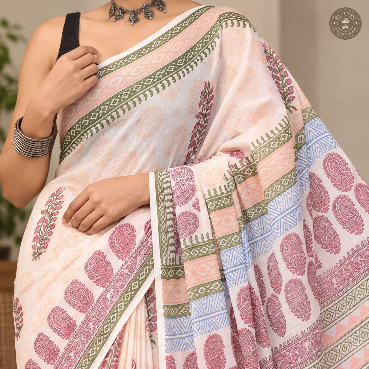 Rosewood Garden Hand Block Printed Mal Cotton Saree