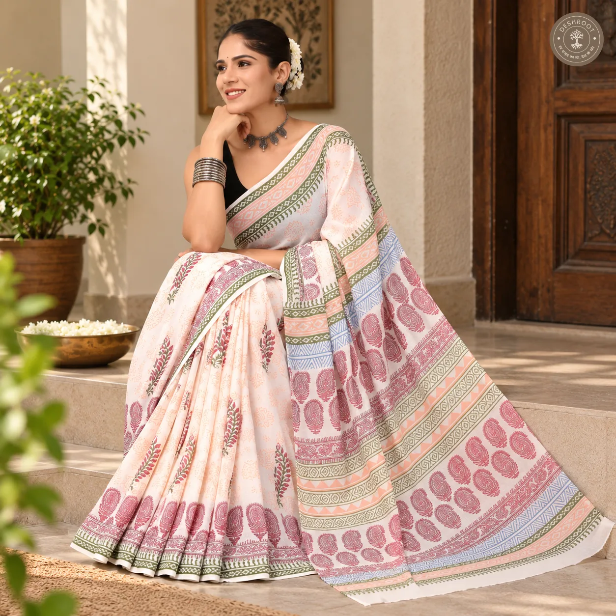 Rosewood Garden Hand Block Printed Mal Cotton Saree