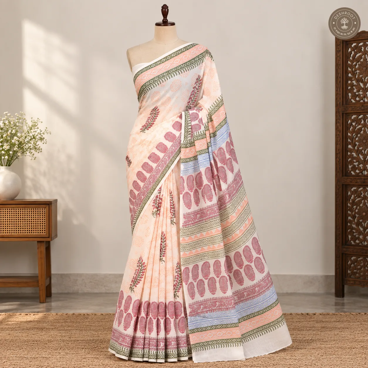 Rosewood Garden Hand Block Printed Mal Cotton Saree