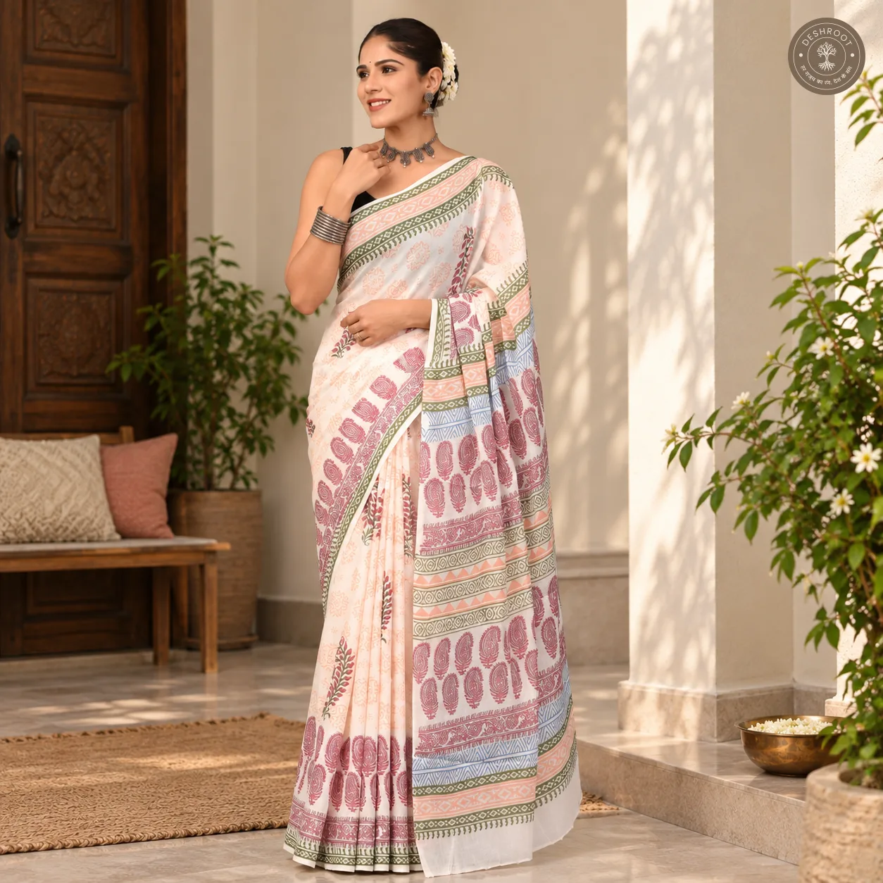 Rosewood Garden Hand Block Printed Mal Cotton Saree