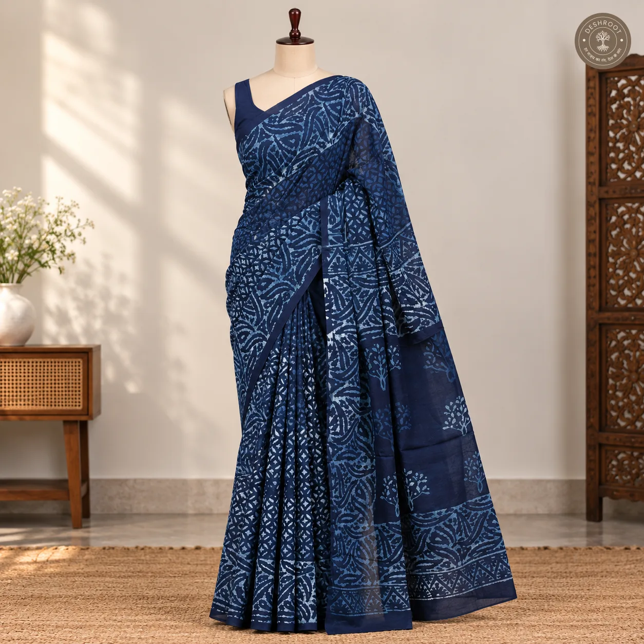 Neel Tarang Indigo Hand Block Printed Mal Cotton Saree