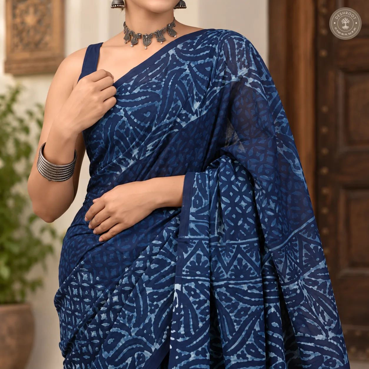 Neel Tarang Indigo Hand Block Printed Mal Cotton Saree