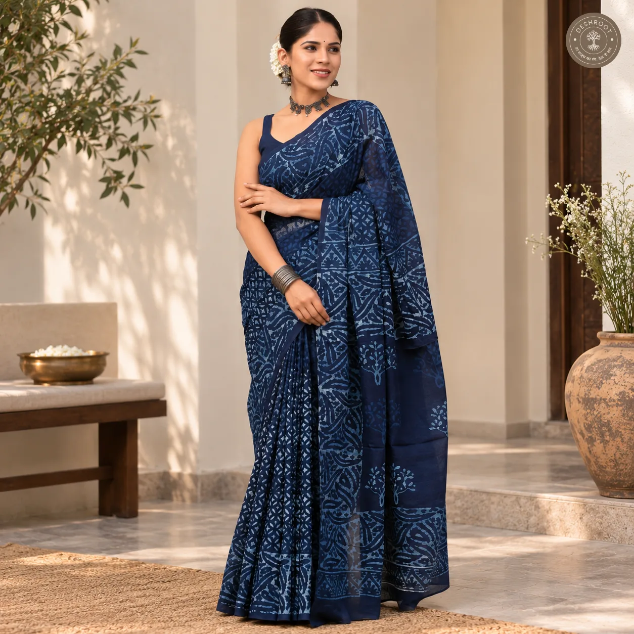 Neel Tarang Indigo Hand Block Printed Mal Cotton Saree