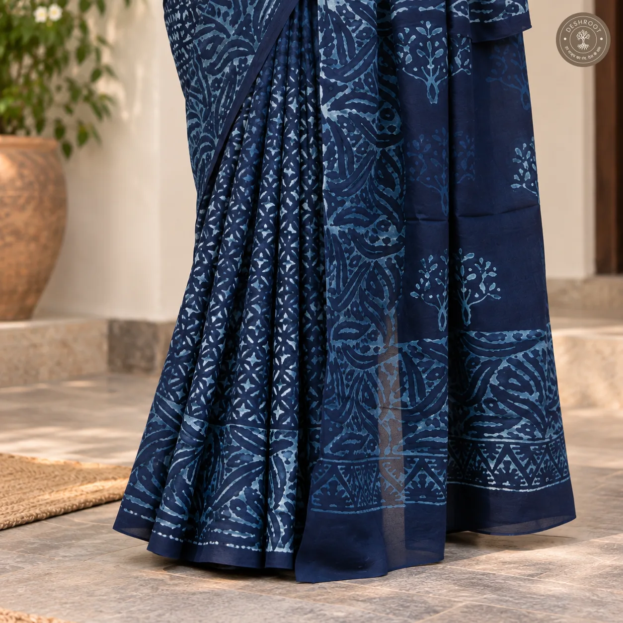 Neel Tarang Indigo Hand Block Printed Mal Cotton Saree