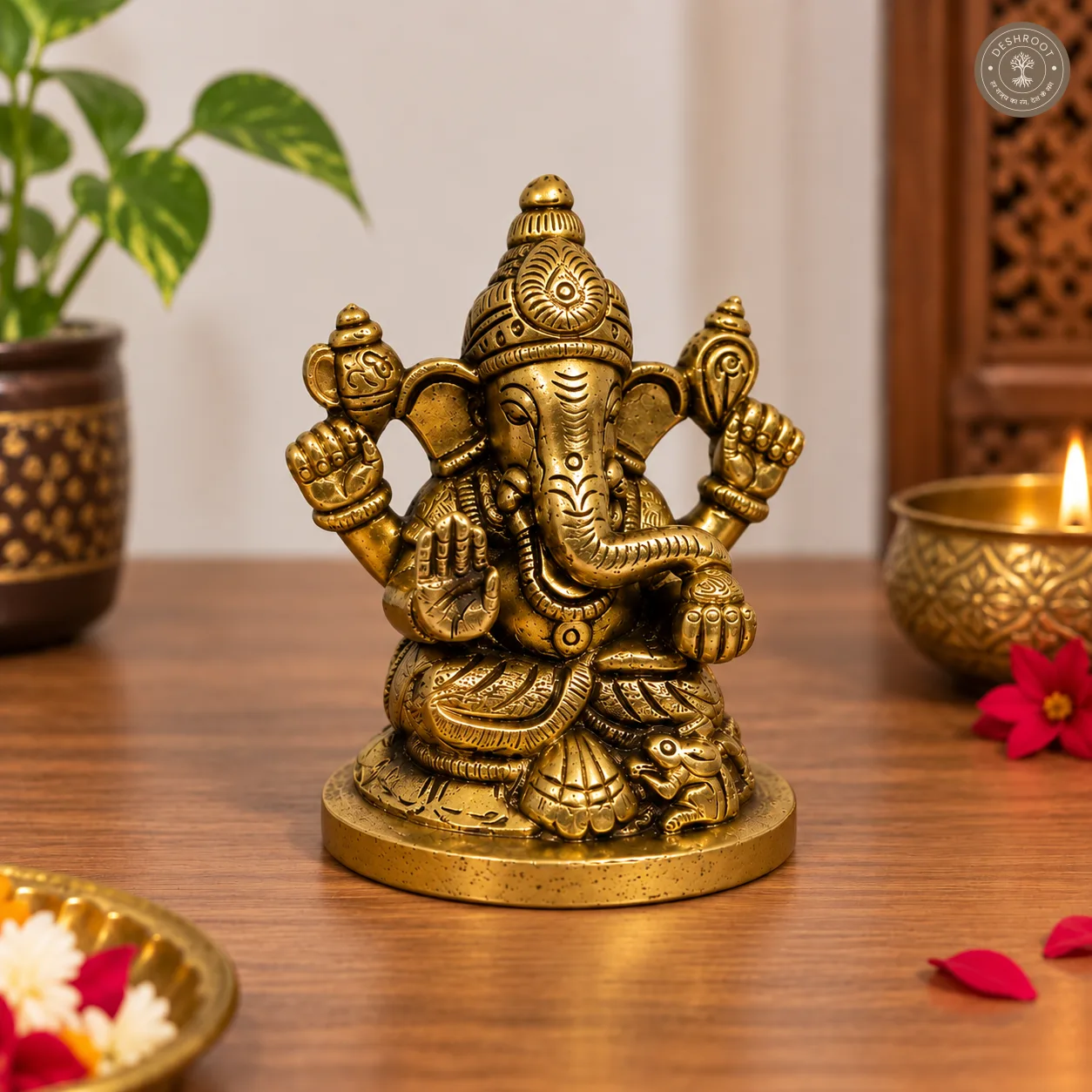 Handcrafted Brass Lord Ganesha Idol – 370 gm Antique Finish Ganesh Murti with Intricate Carved Detailing for Pooja Room, Home Temple, Office & Festive Décor