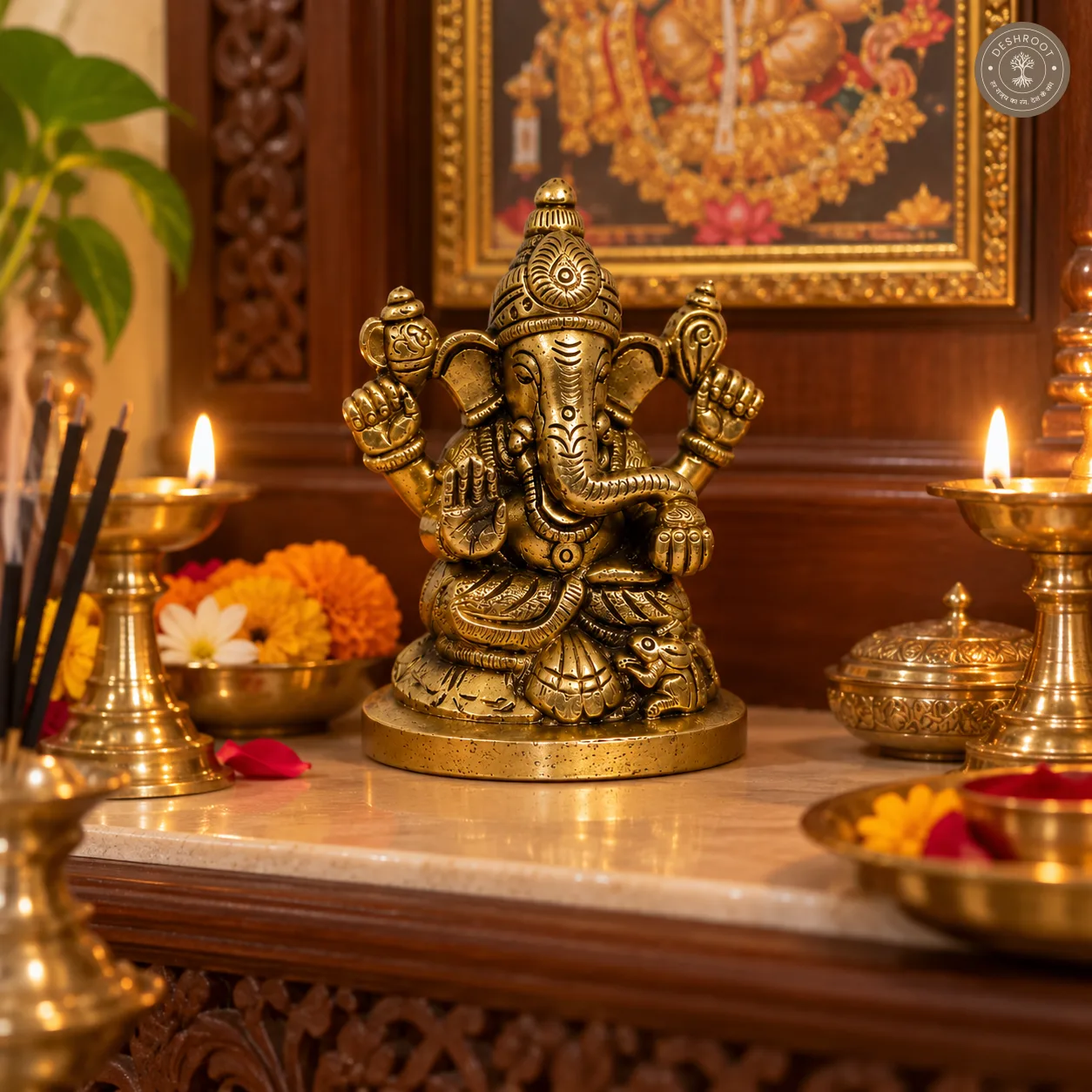 Handcrafted Brass Lord Ganesha Idol – 370 gm Antique Finish Ganesh Murti with Intricate Carved Detailing for Pooja Room, Home Temple, Office & Festive Décor