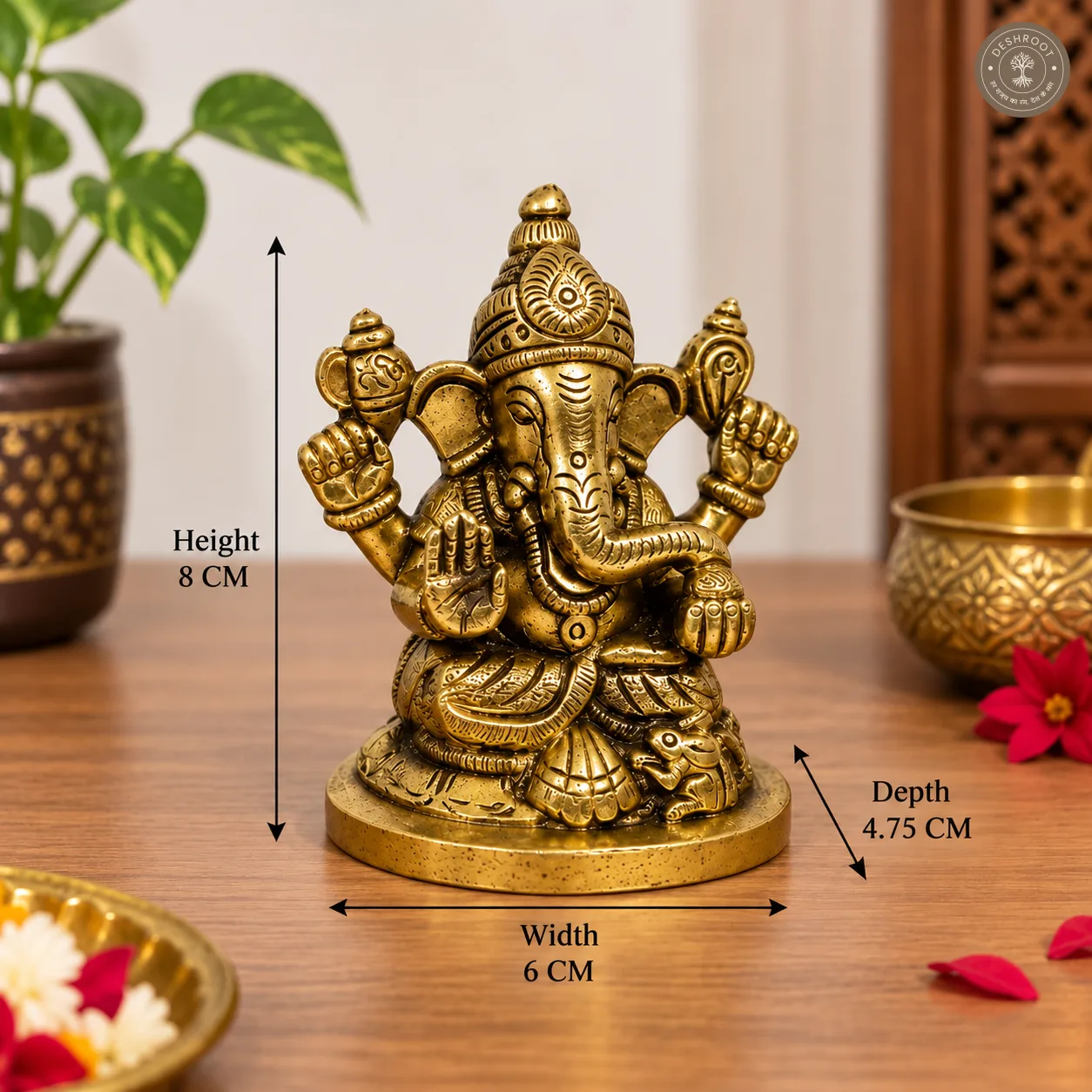 Handcrafted Brass Lord Ganesha Idol – 370 gm Antique Finish Ganesh Murti with Intricate Carved Detailing for Pooja Room, Home Temple, Office & Festive Décor