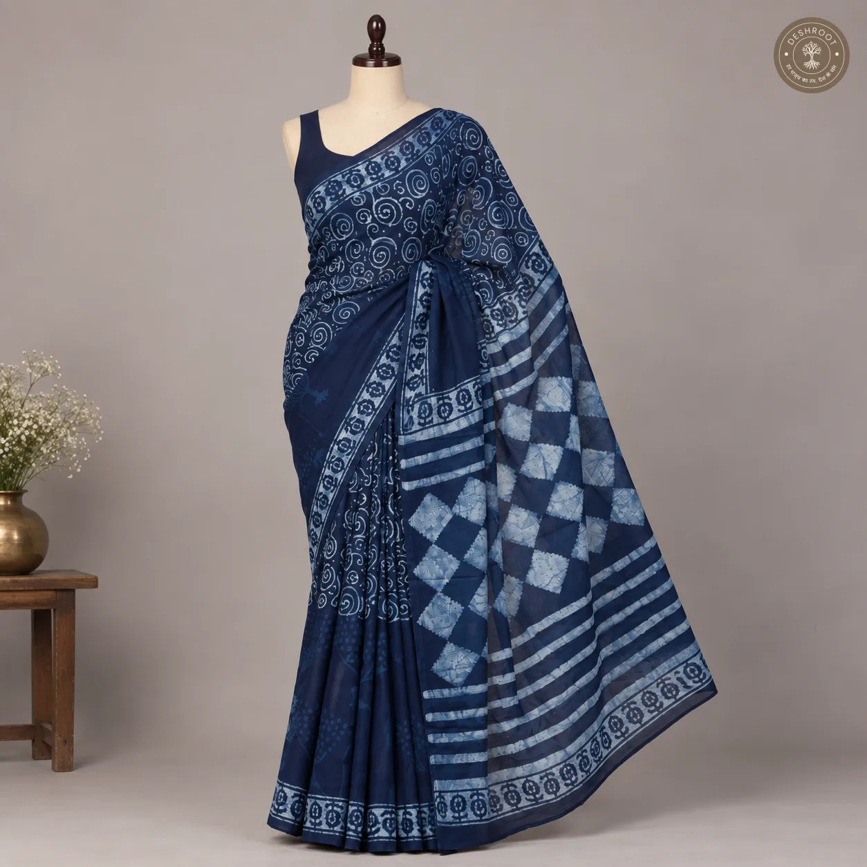 Neel Spiral Hand Block Printed Mal Cotton Saree