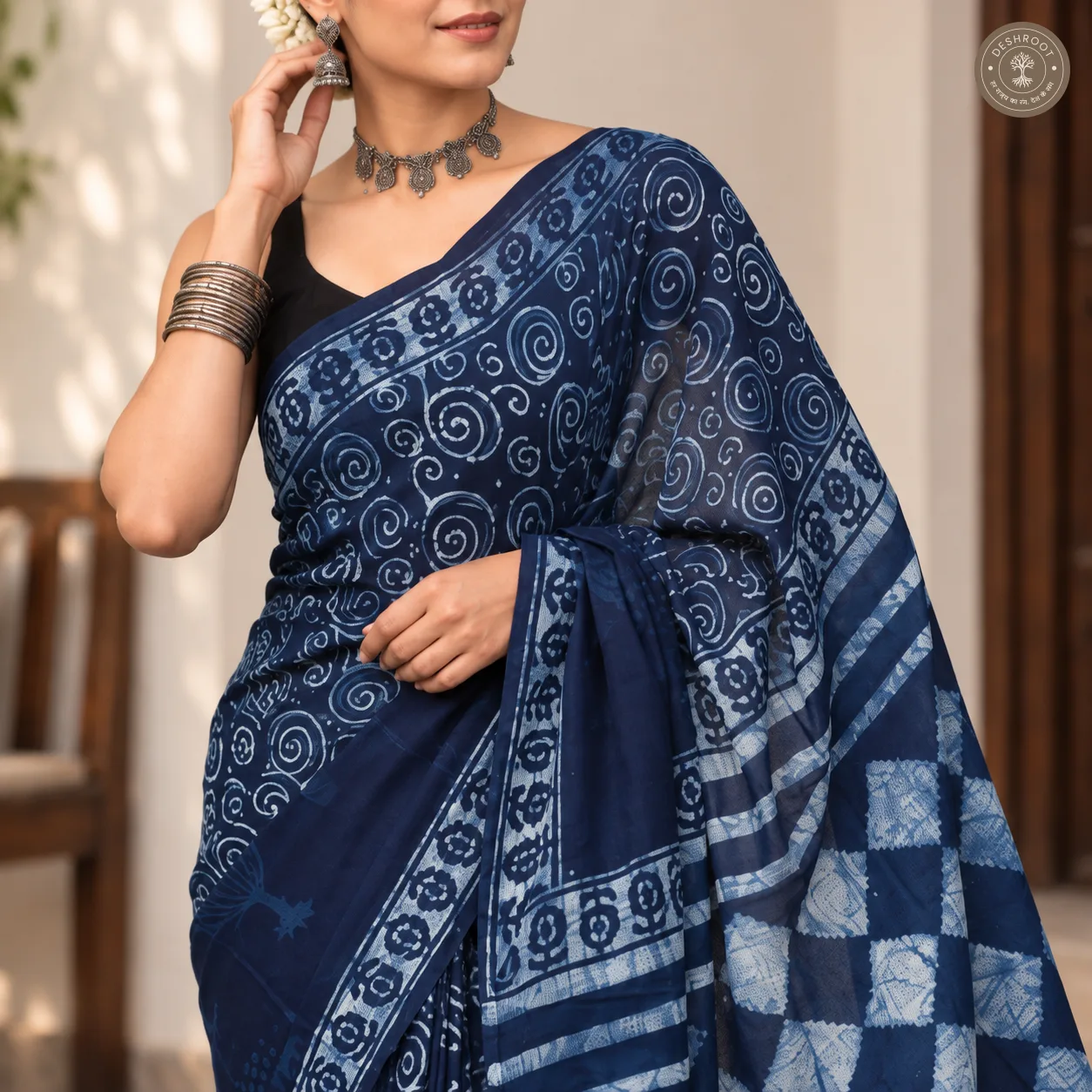 Neel Spiral Hand Block Printed Mal Cotton Saree