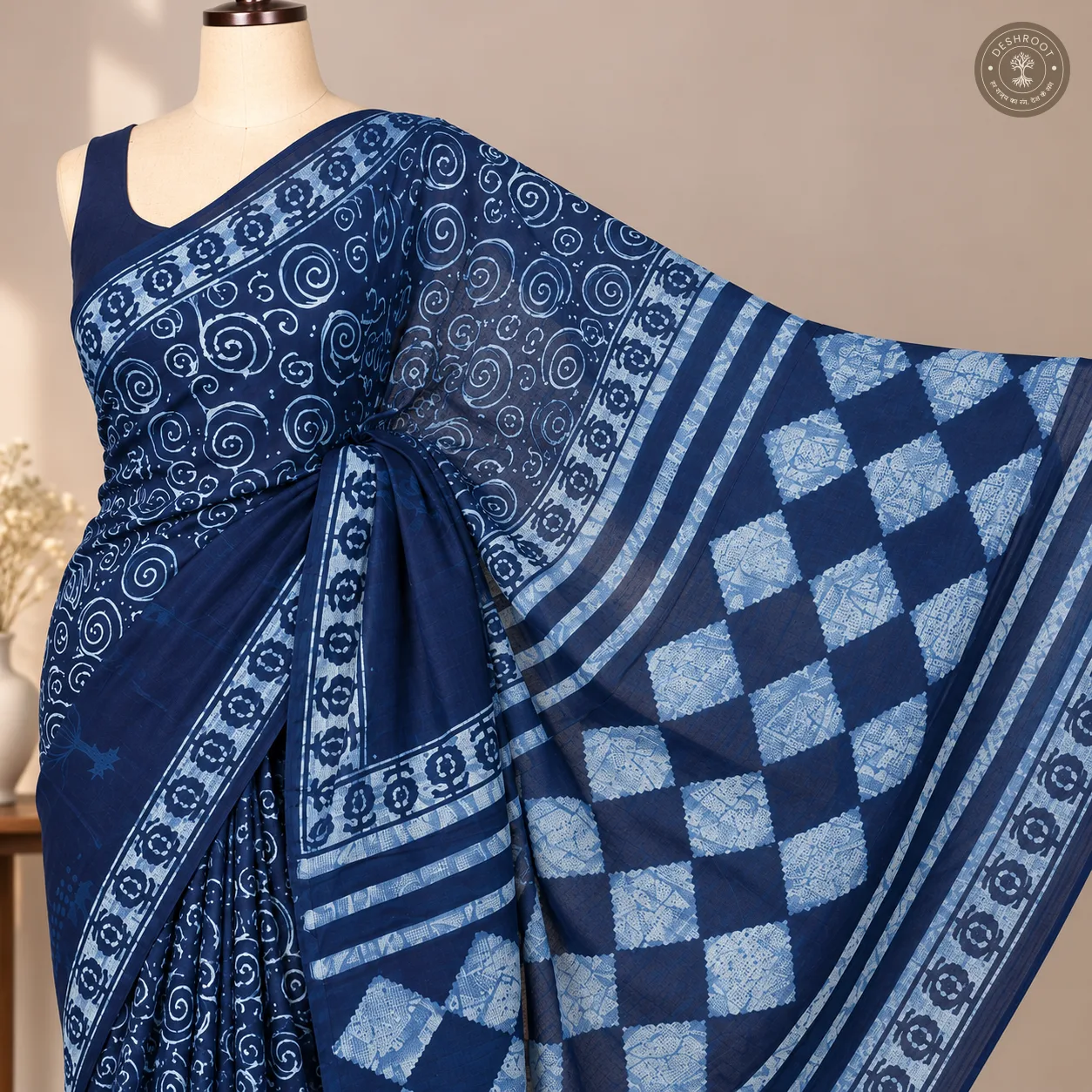 Neel Spiral Hand Block Printed Mal Cotton Saree