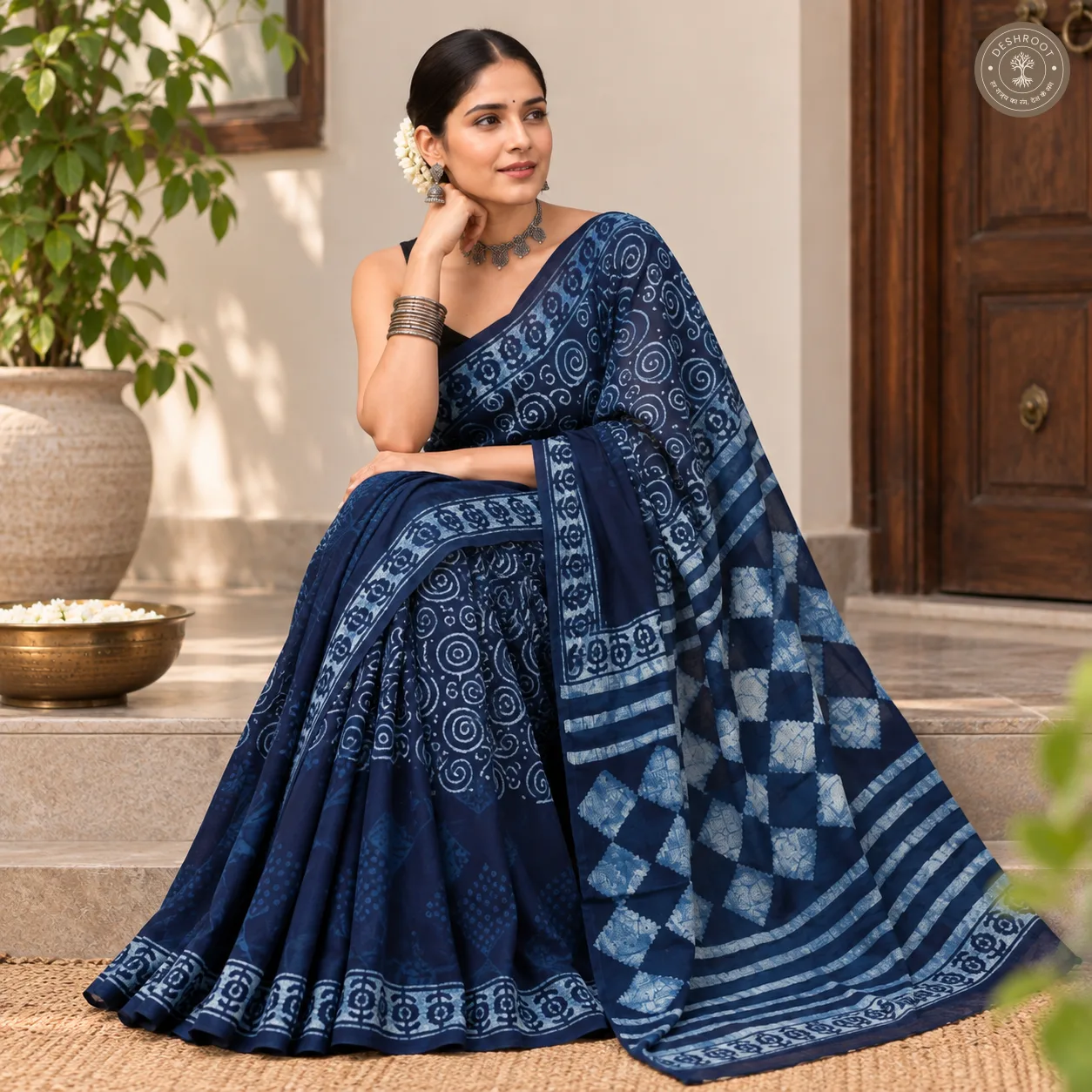 Neel Spiral Hand Block Printed Mal Cotton Saree