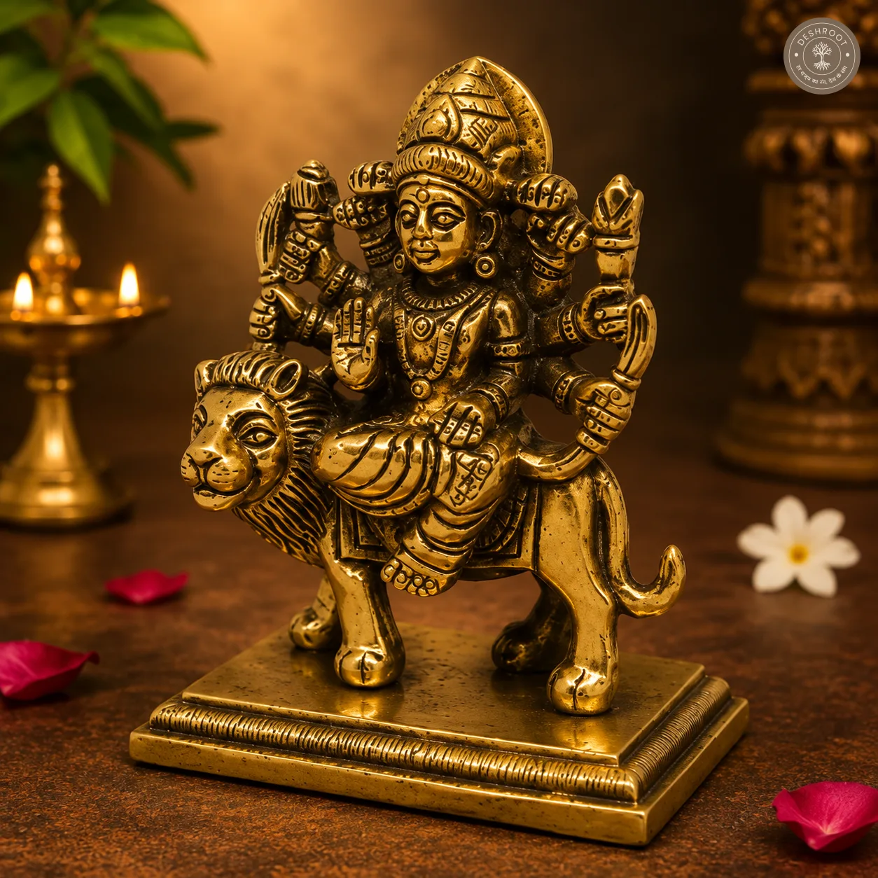 Handcrafted Brass Goddess Durga on Lion Idol – 250 gm Antique Finish Maa Durga Murti with Intricate Detailing for Pooja Room, Navratri, Home Temple & Décor