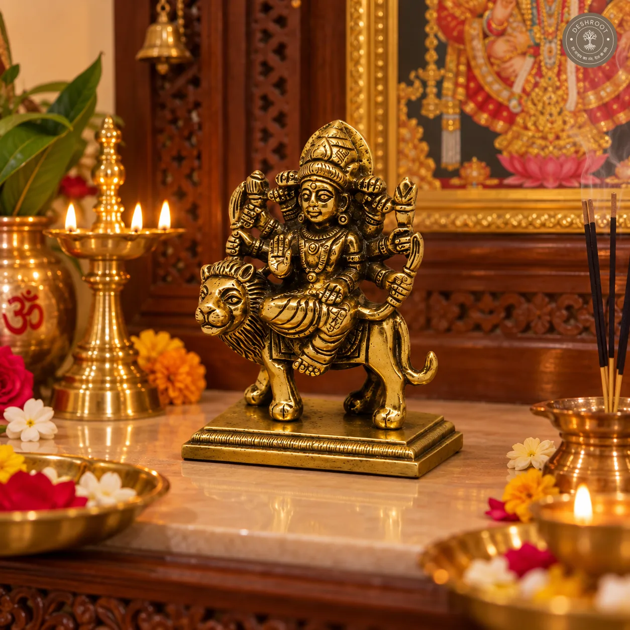 Handcrafted Brass Goddess Durga on Lion Idol – 250 gm Antique Finish Maa Durga Murti with Intricate Detailing for Pooja Room, Navratri, Home Temple & Décor