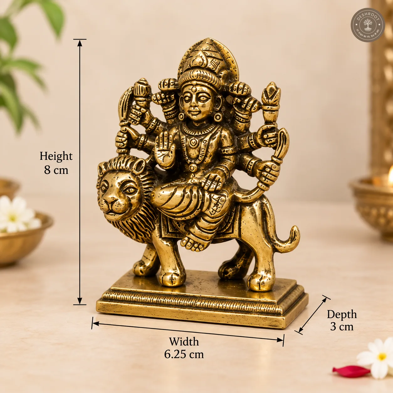 Handcrafted Brass Goddess Durga on Lion Idol – 250 gm Antique Finish Maa Durga Murti with Intricate Detailing for Pooja Room, Navratri, Home Temple & Décor