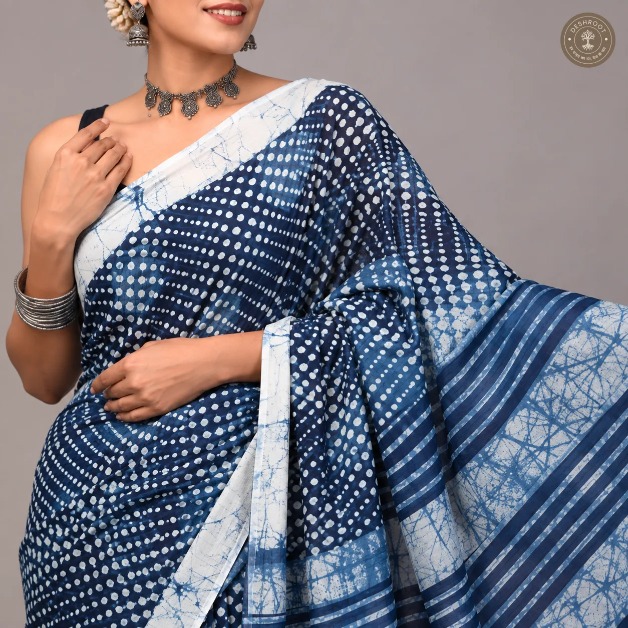 Neel Bindhu Hand Block Printed Mal Cotton Saree with Striped Pallu & Blouse Fabric