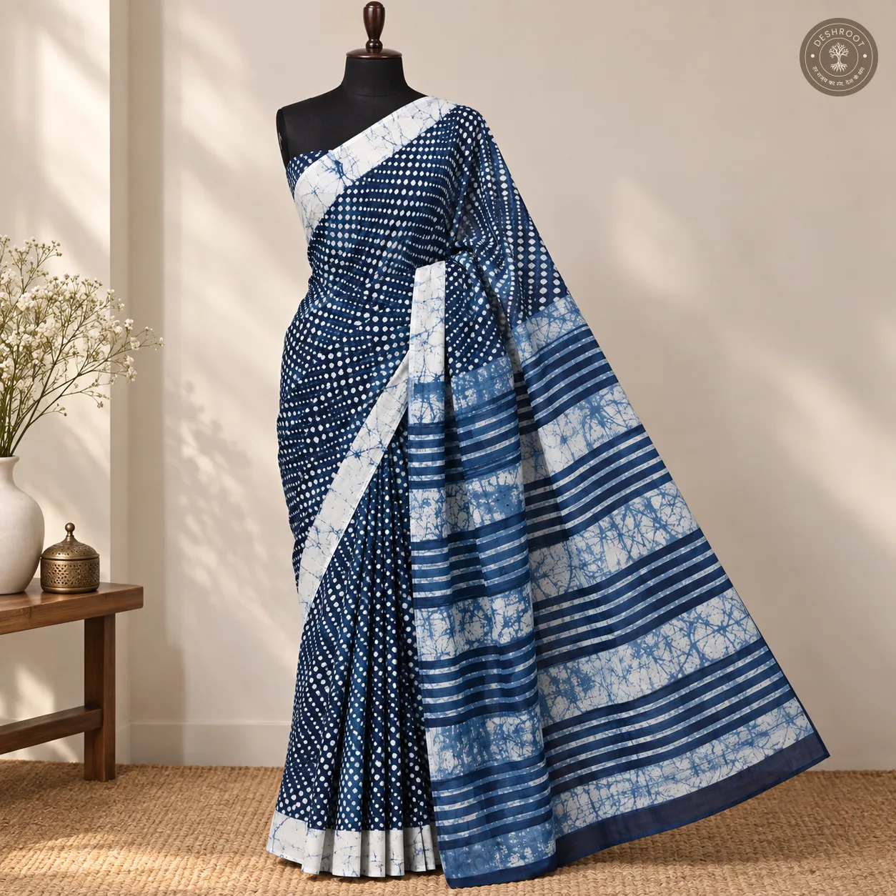 Neel Bindhu Hand Block Printed Mal Cotton Saree with Striped Pallu & Blouse Fabric