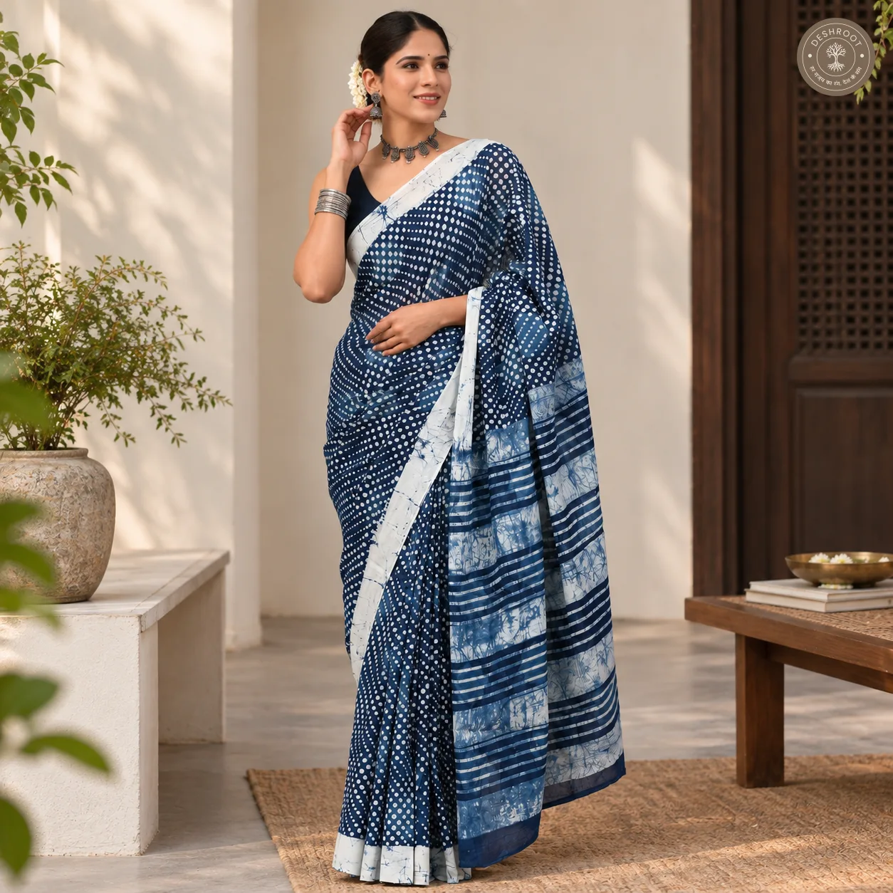 Neel Bindhu Hand Block Printed Mal Cotton Saree with Striped Pallu & Blouse Fabric