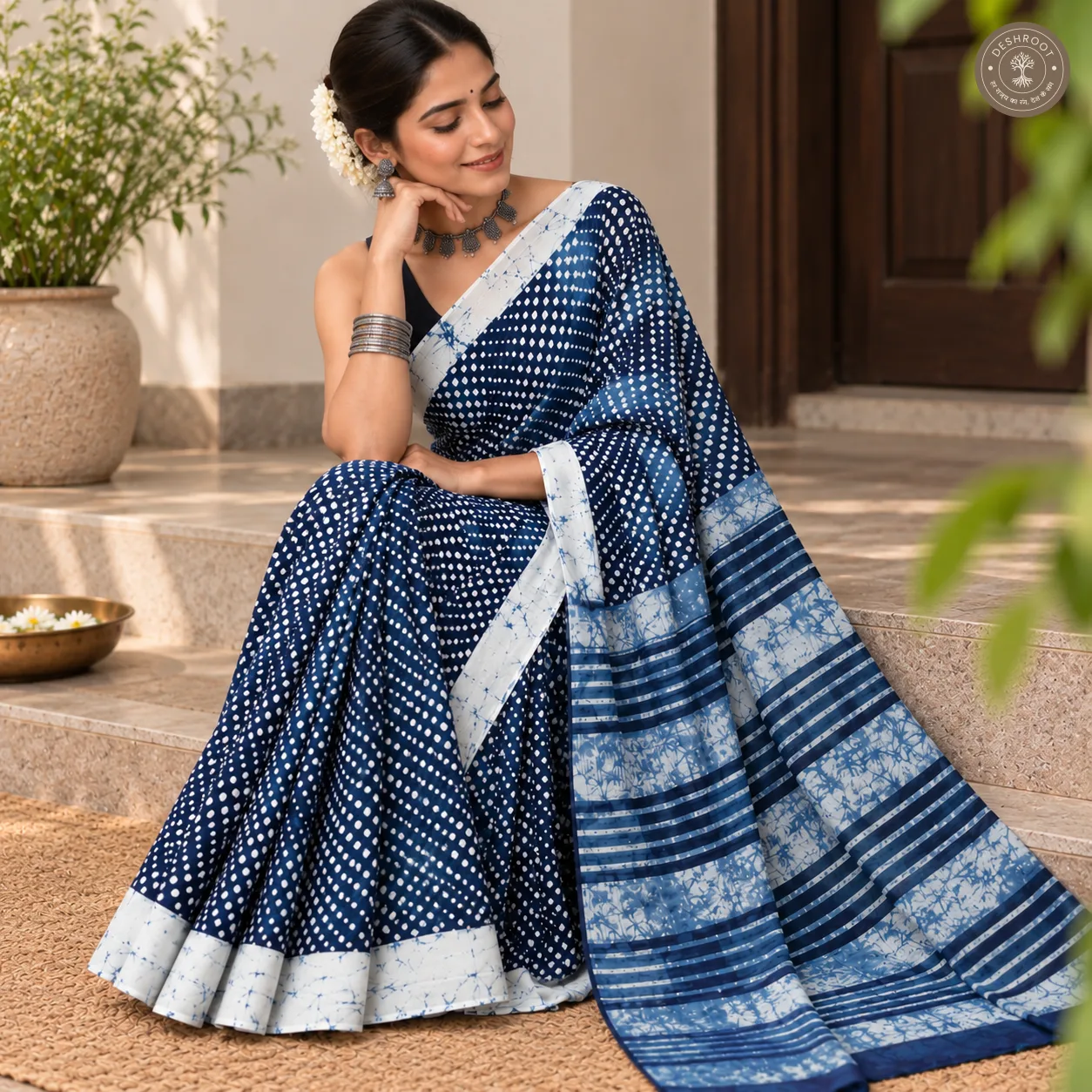 Neel Bindhu Hand Block Printed Mal Cotton Saree with Striped Pallu & Blouse Fabric