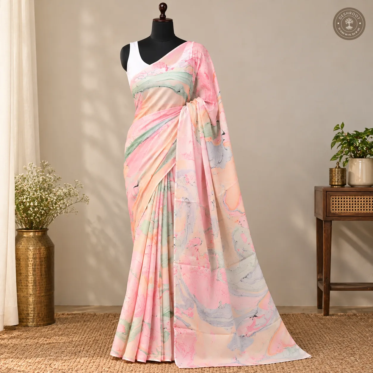 Pastel Bloom Hand Block Printed Mal Cotton Saree with Blouse Fabric