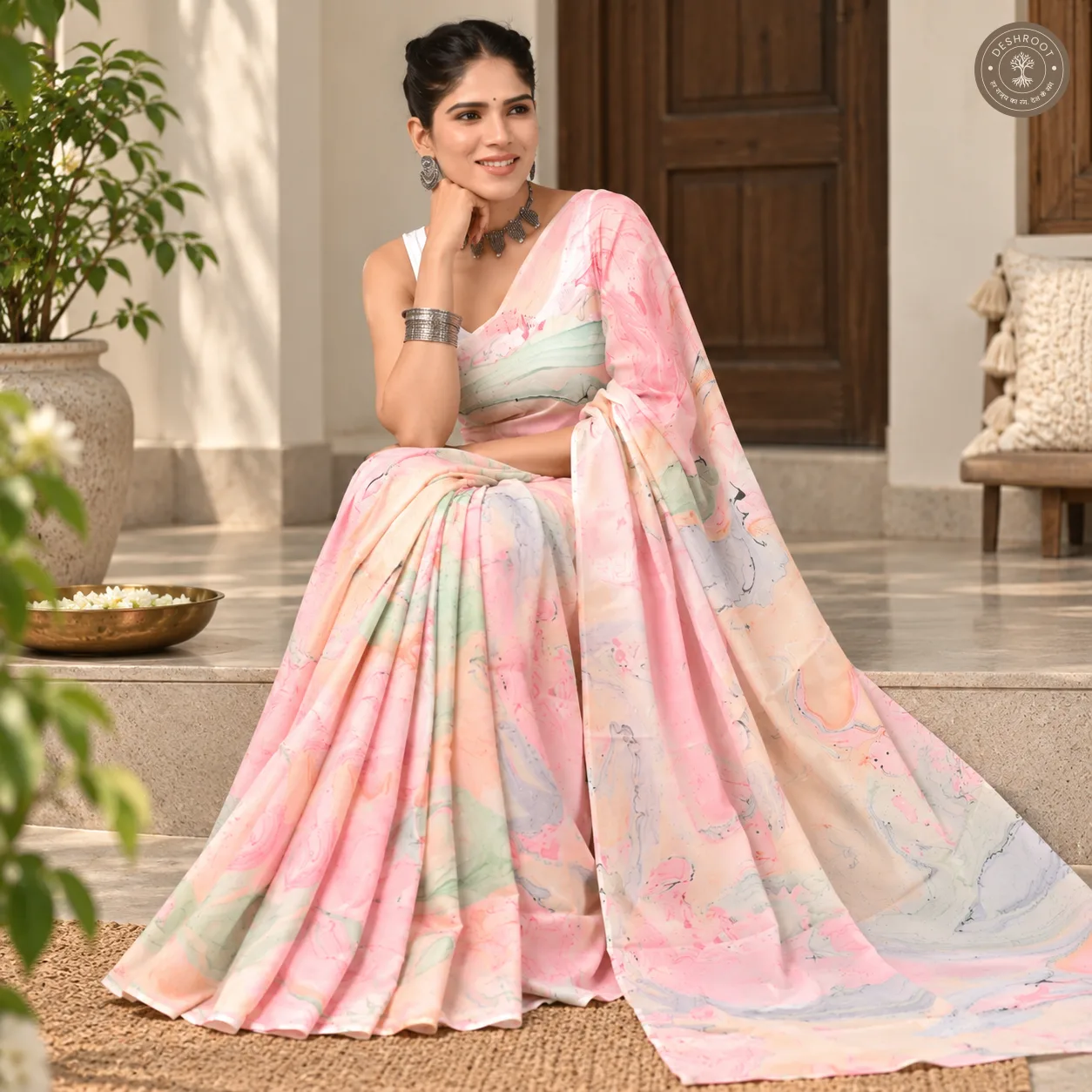 Pastel Bloom Hand Block Printed Mal Cotton Saree with Blouse Fabric