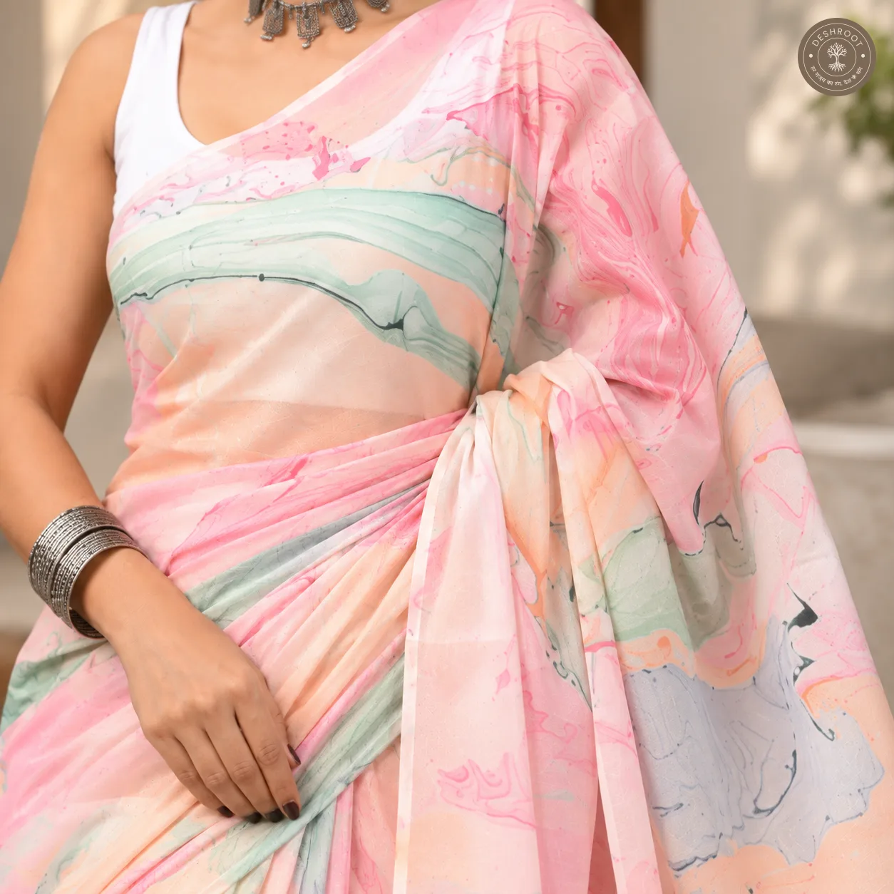 Pastel Bloom Hand Block Printed Mal Cotton Saree with Blouse Fabric