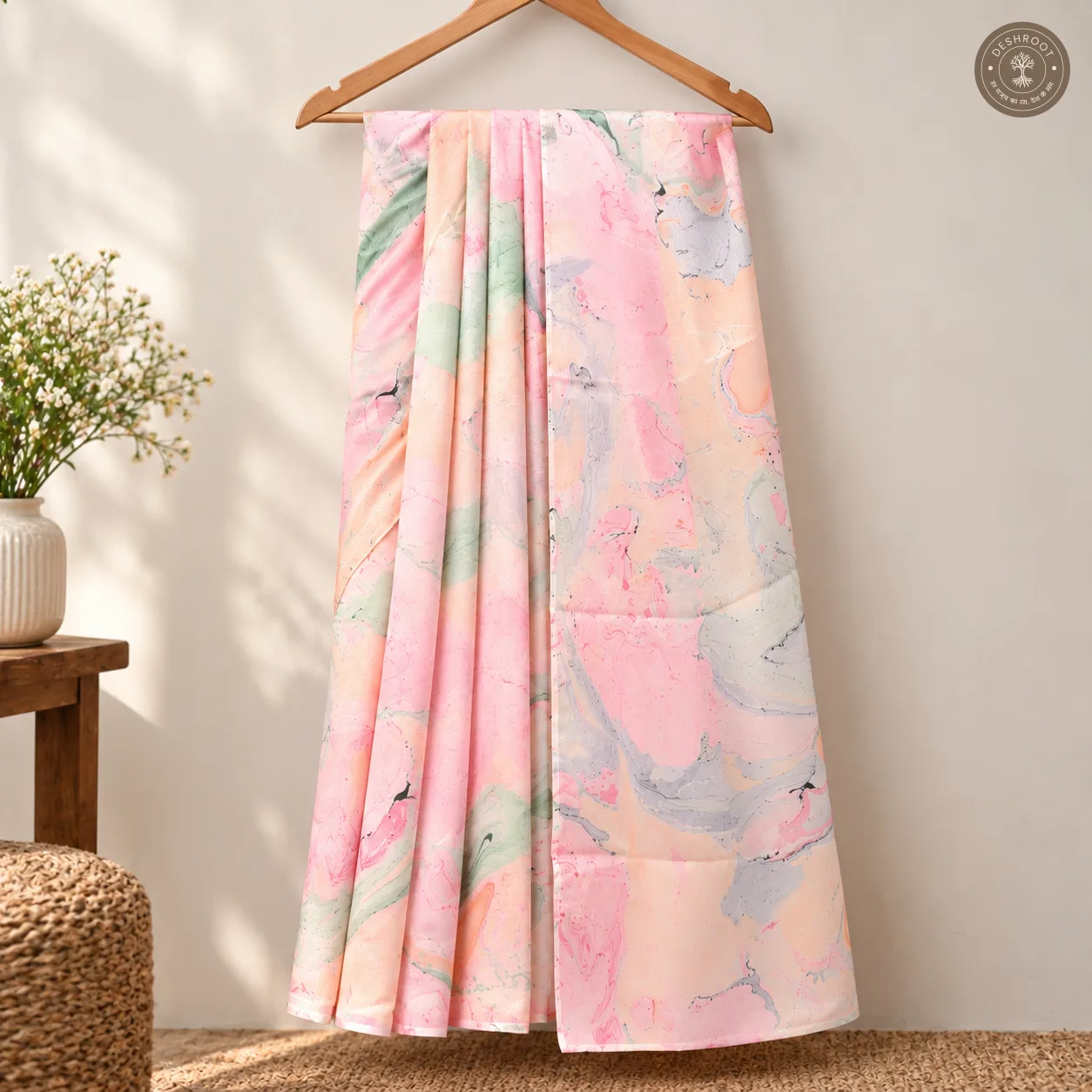 Pastel Bloom Hand Block Printed Mal Cotton Saree with Blouse Fabric