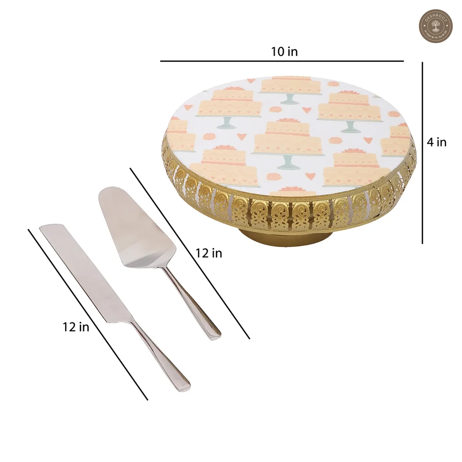 Cake Print Metal Cake Platter WIth Knife & Server