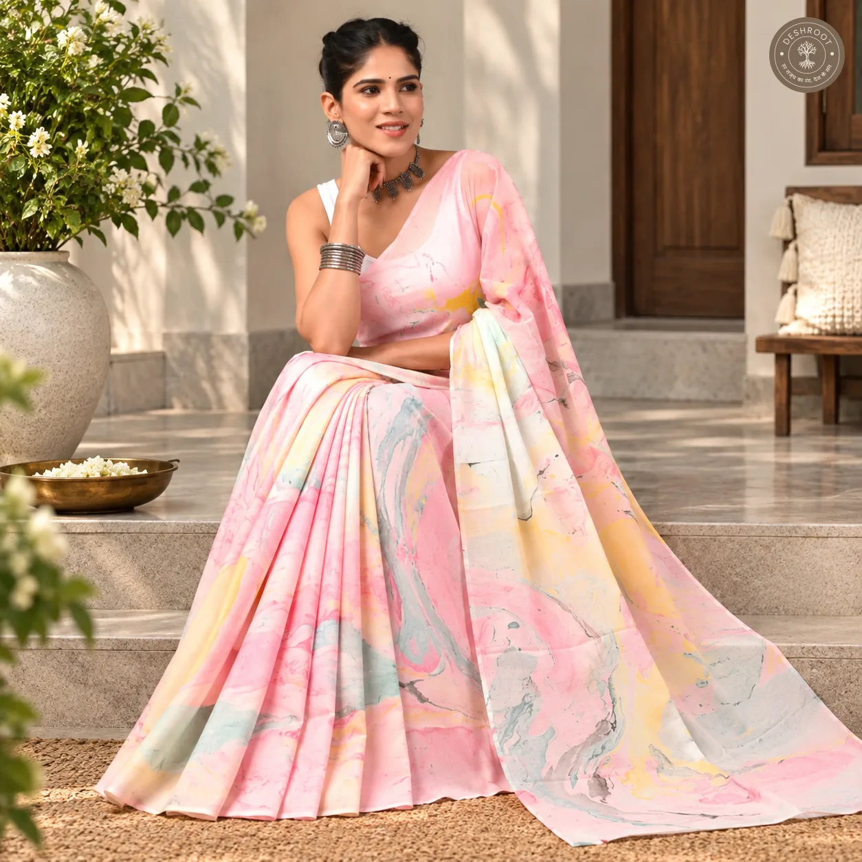 Pastel Blush Marble Hand Block Printed Mal Cotton Saree with Blouse