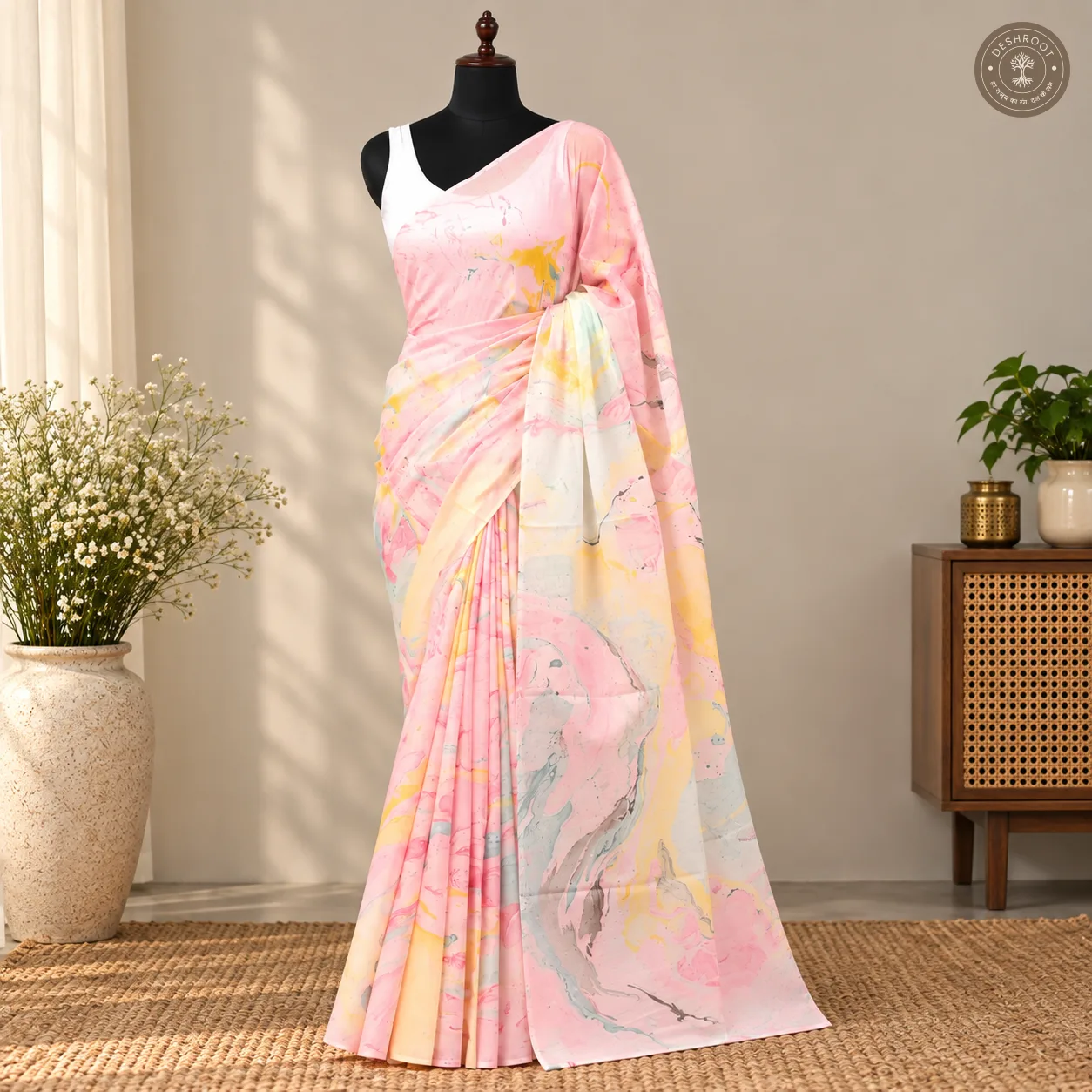 Pastel Blush Marble Hand Block Printed Mal Cotton Saree with Blouse