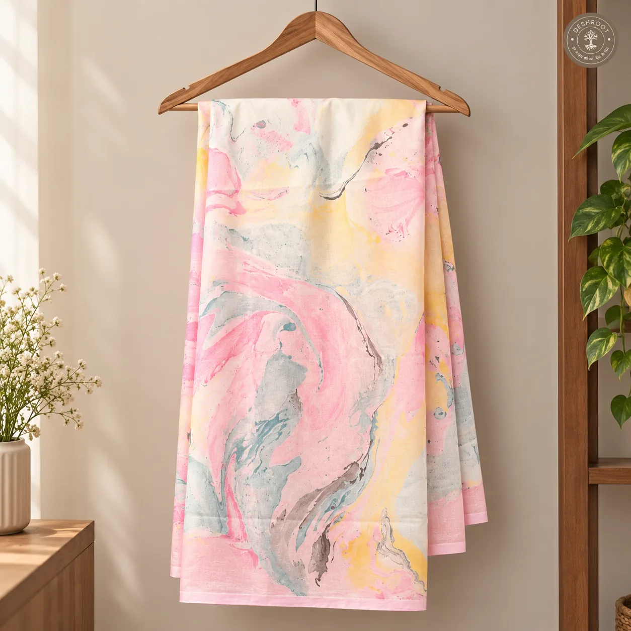 Pastel Blush Marble Hand Block Printed Mal Cotton Saree with Blouse