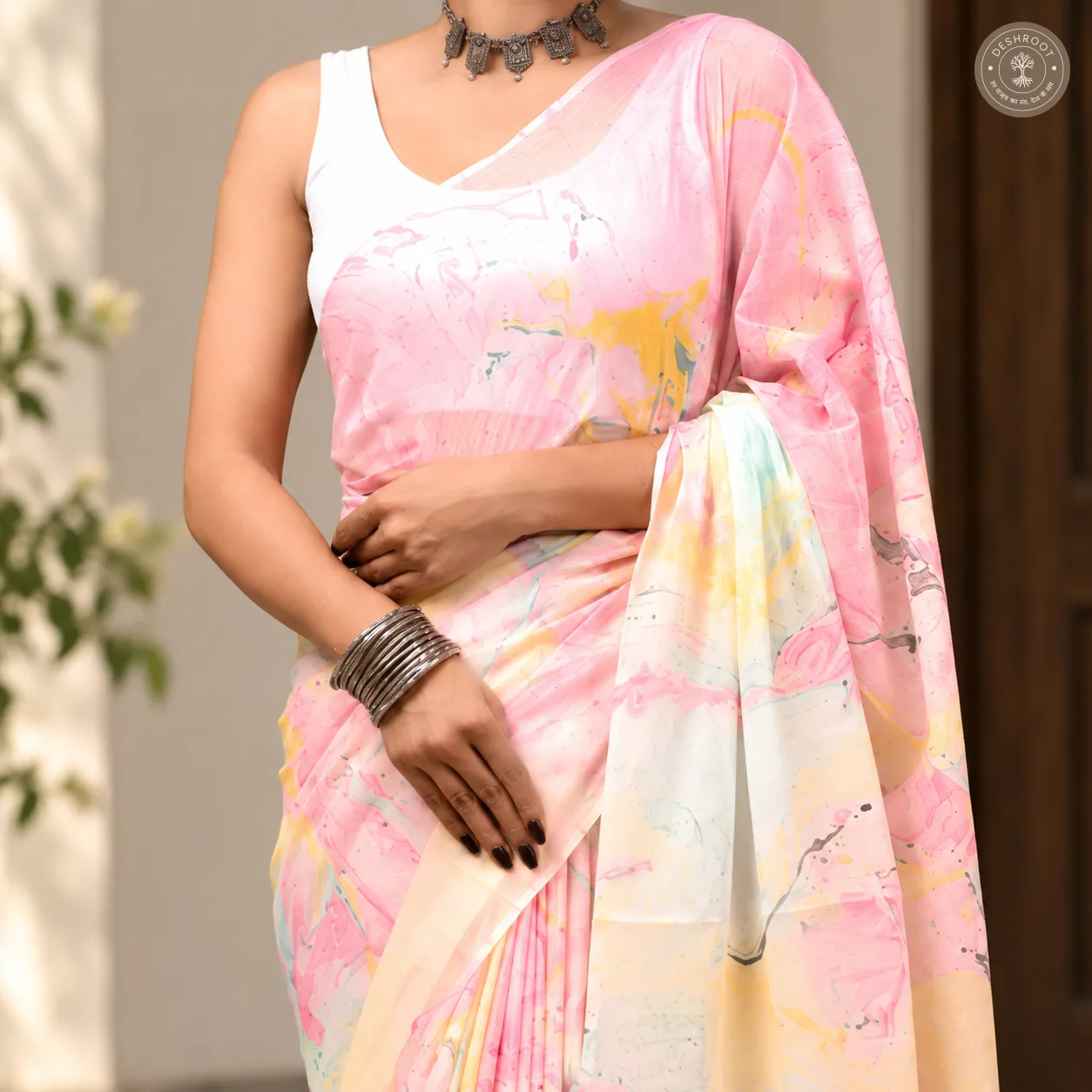 Pastel Blush Marble Hand Block Printed Mal Cotton Saree with Blouse