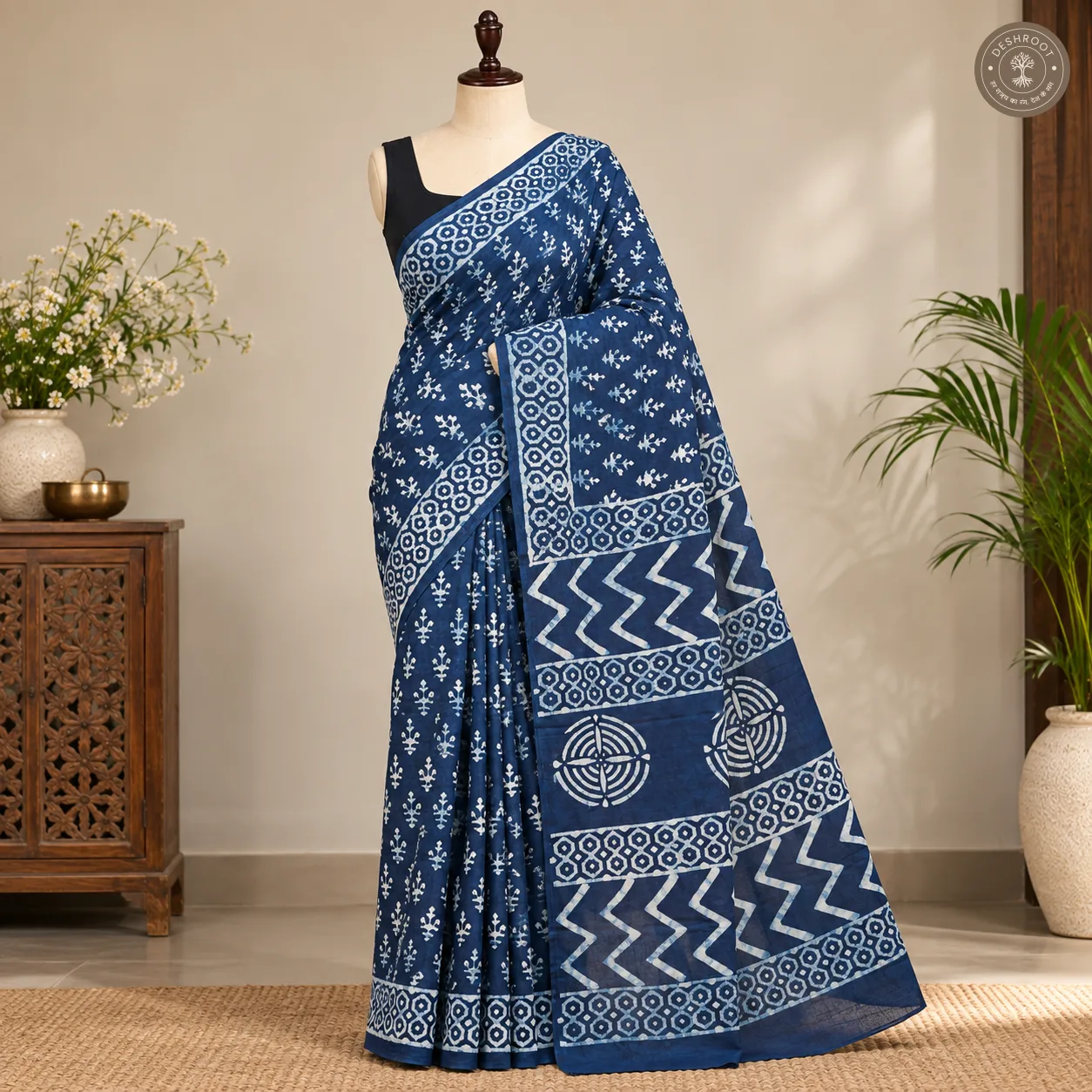 Indigo Bloom Hand Block Printed Mal Cotton Saree with Geometric Pallu & Blouse