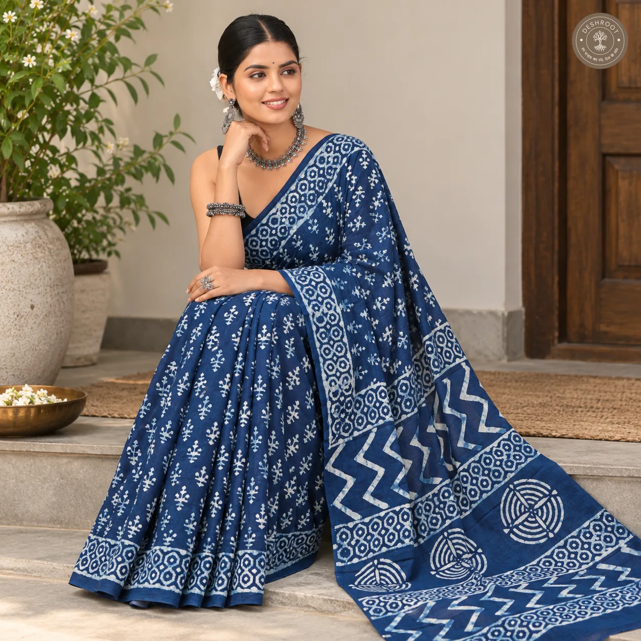 Indigo Bloom Hand Block Printed Mal Cotton Saree with Geometric Pallu & Blouse