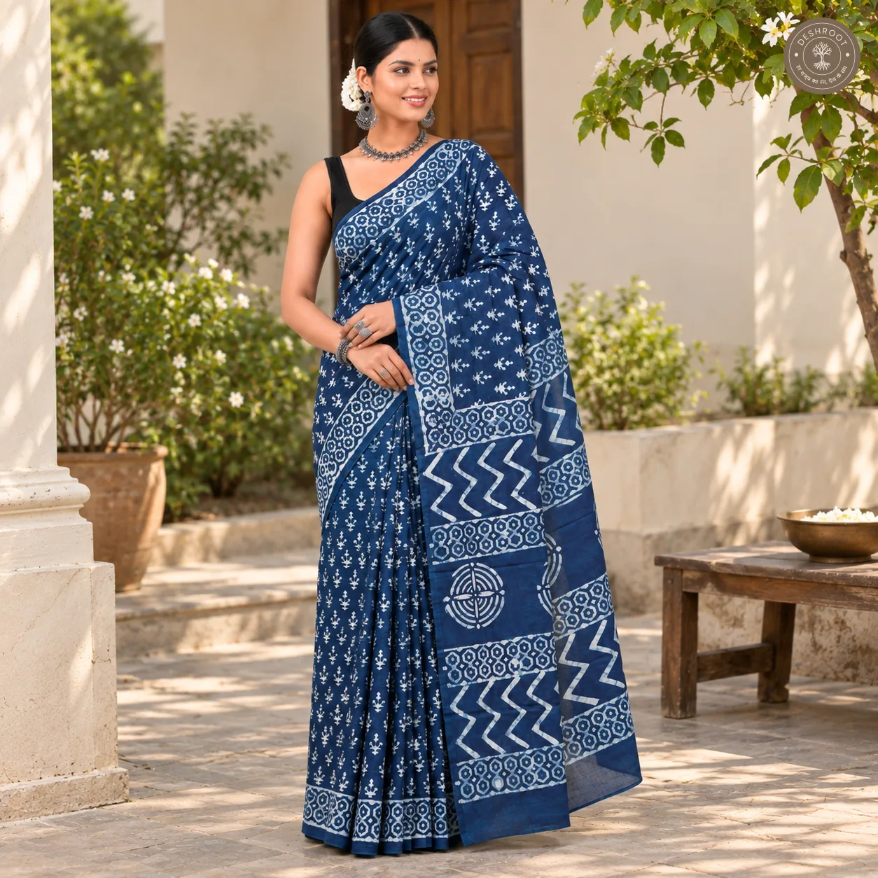 Indigo Bloom Hand Block Printed Mal Cotton Saree with Geometric Pallu & Blouse