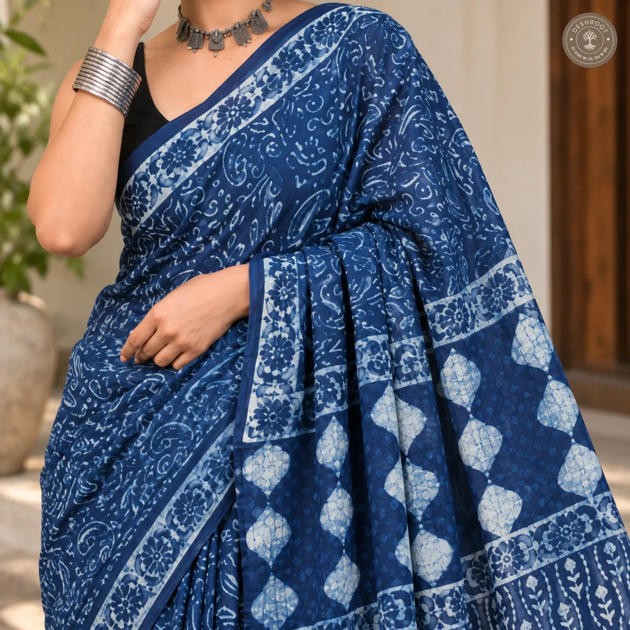 Neelvan Indigo Floral Hand Block Printed Mal Cotton Saree