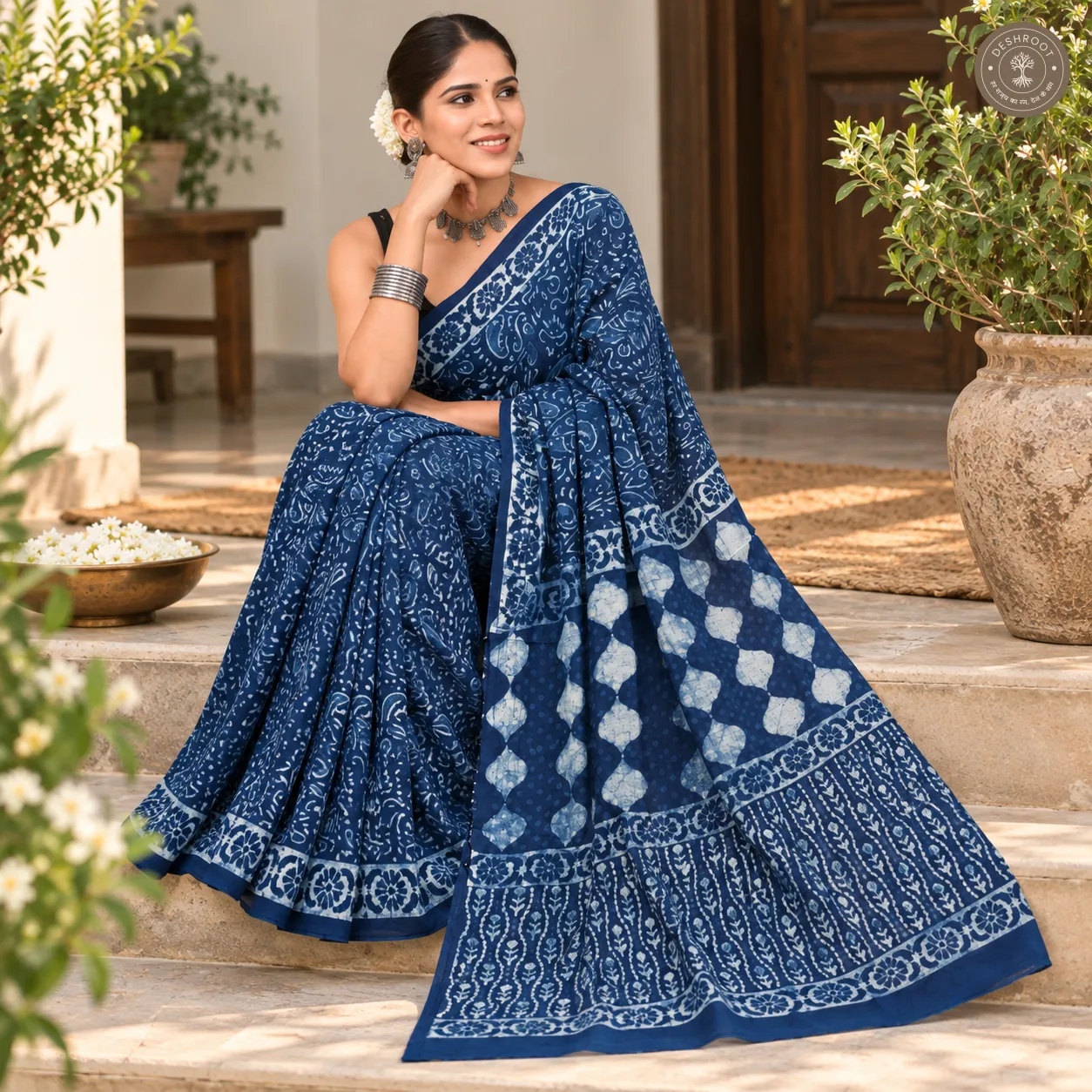 Neelvan Indigo Floral Hand Block Printed Mal Cotton Saree