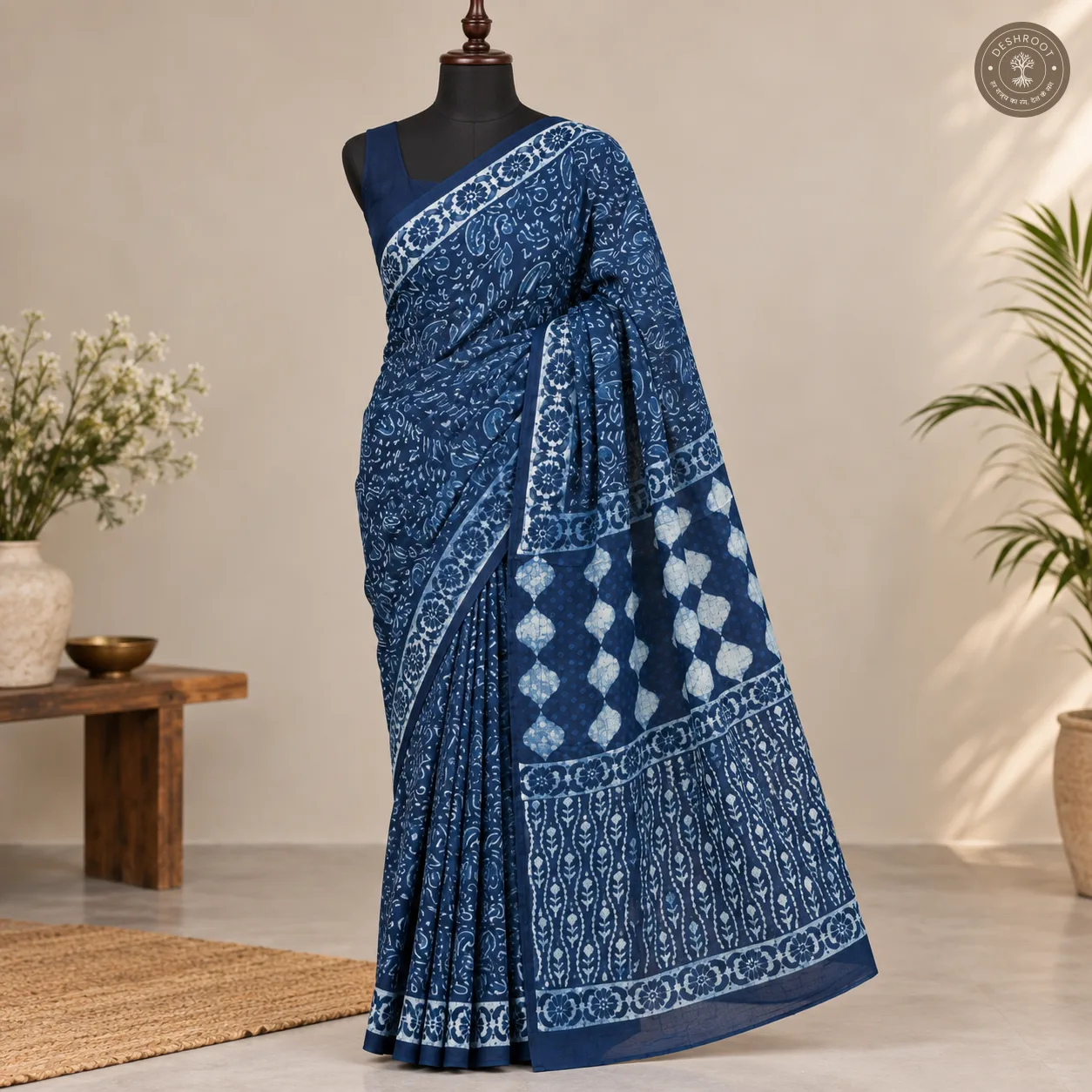 Neelvan Indigo Floral Hand Block Printed Mal Cotton Saree
