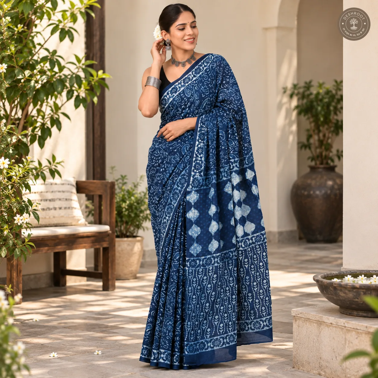Neelvan Indigo Floral Hand Block Printed Mal Cotton Saree