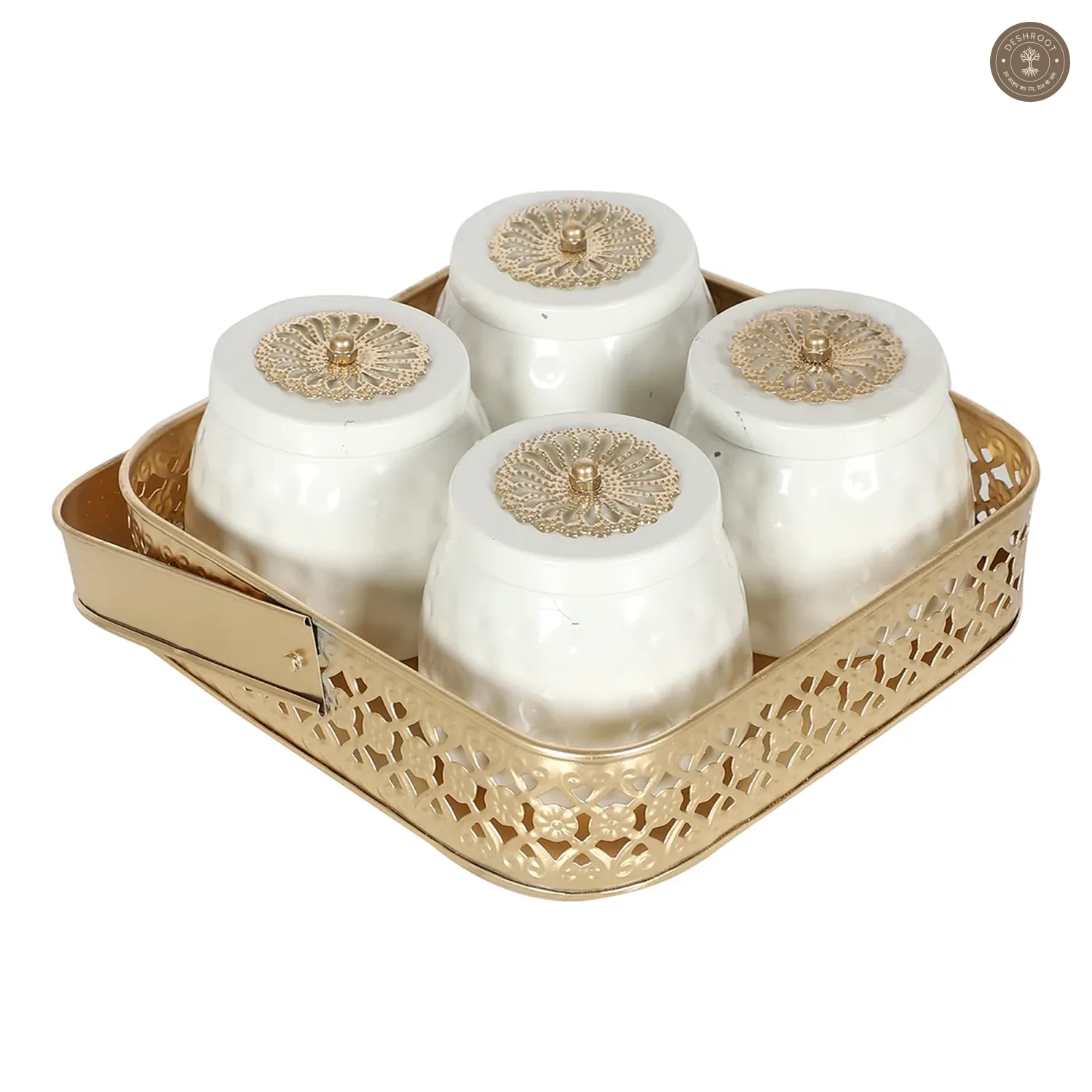 Gold & White Basket With Jar Set of 4