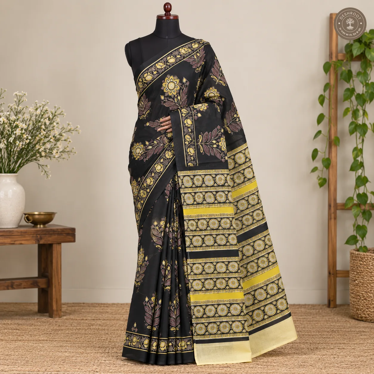 Noir Gulmohar Hand Block Printed Mal Cotton Saree
