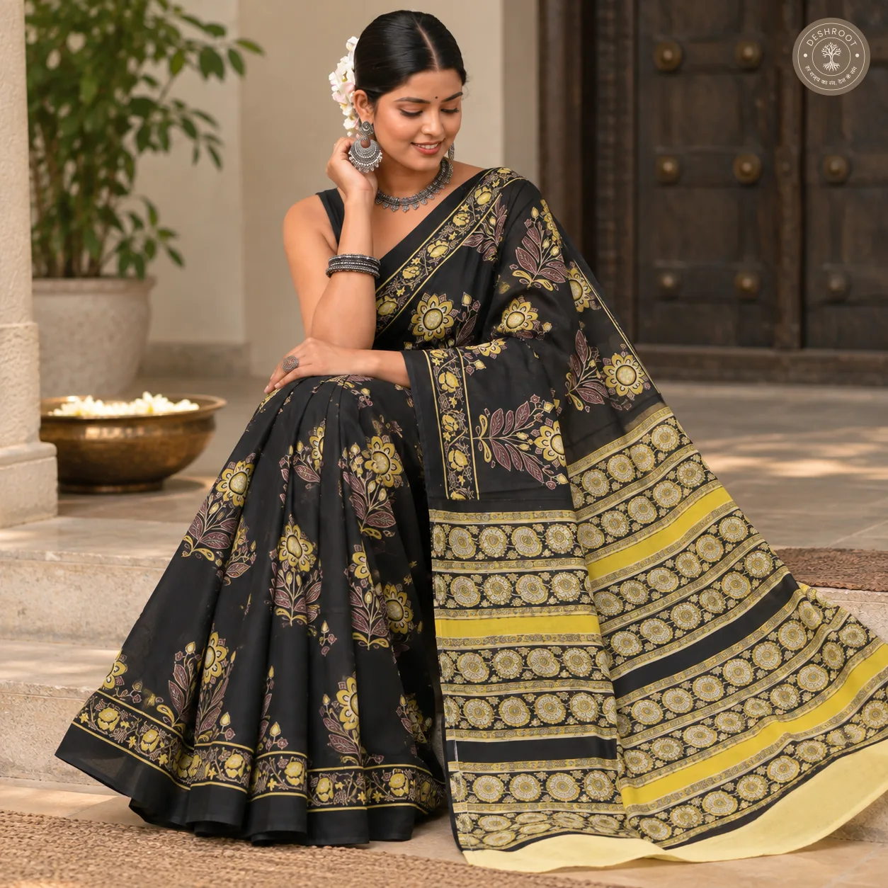 Noir Gulmohar Hand Block Printed Mal Cotton Saree