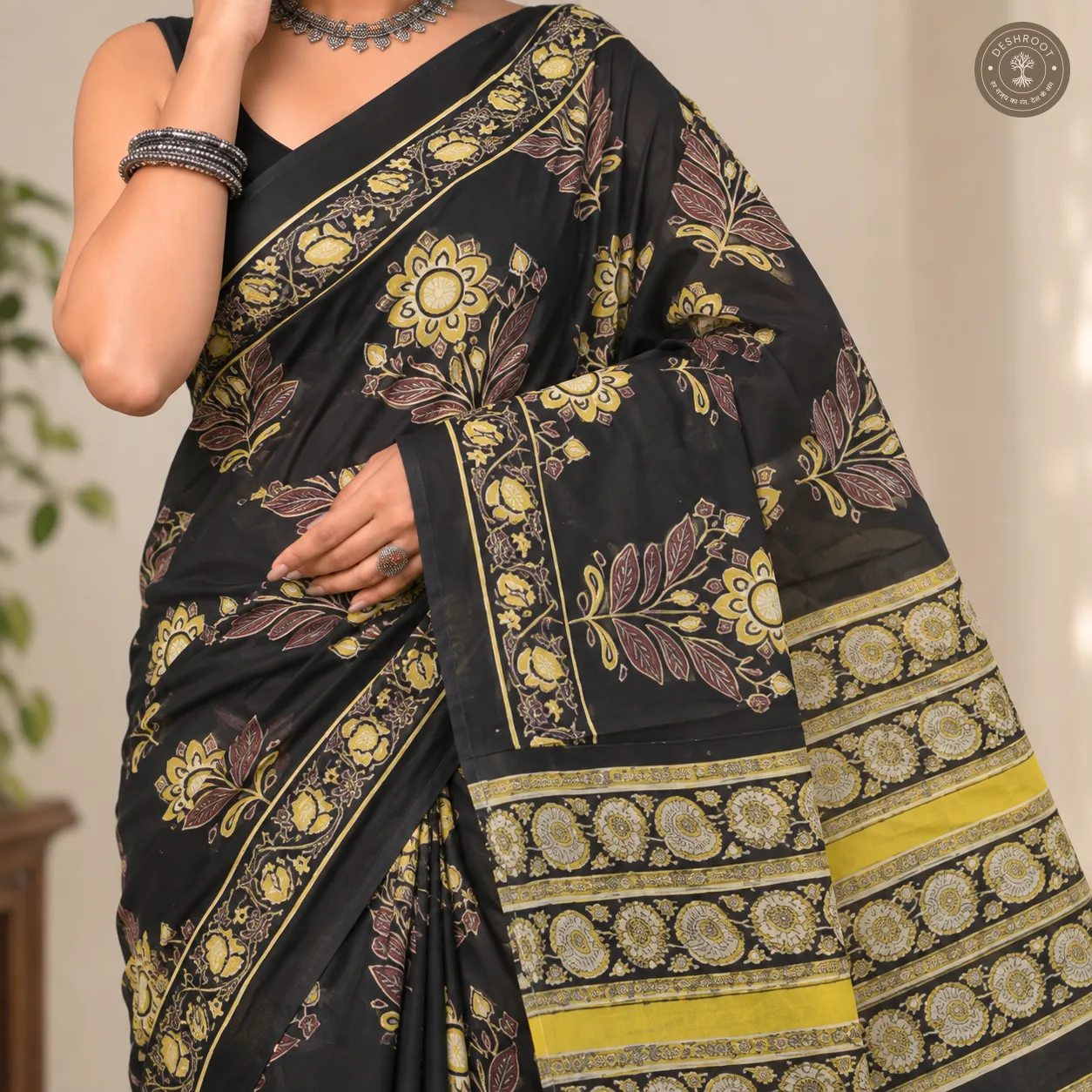 Noir Gulmohar Hand Block Printed Mal Cotton Saree