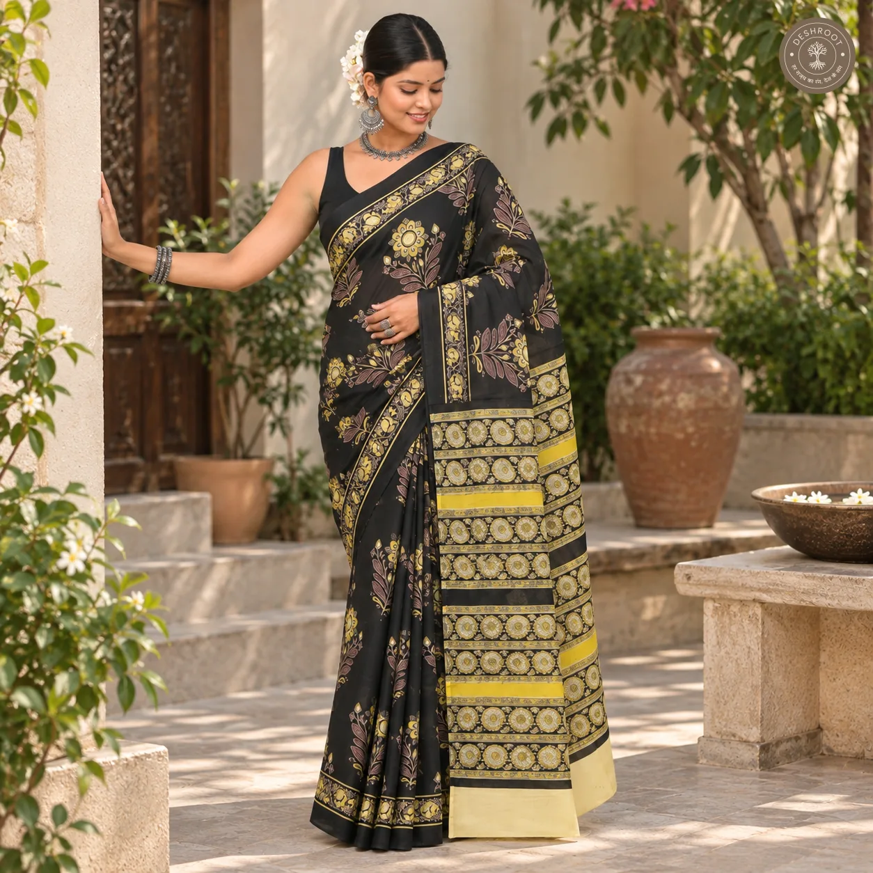 Noir Gulmohar Hand Block Printed Mal Cotton Saree