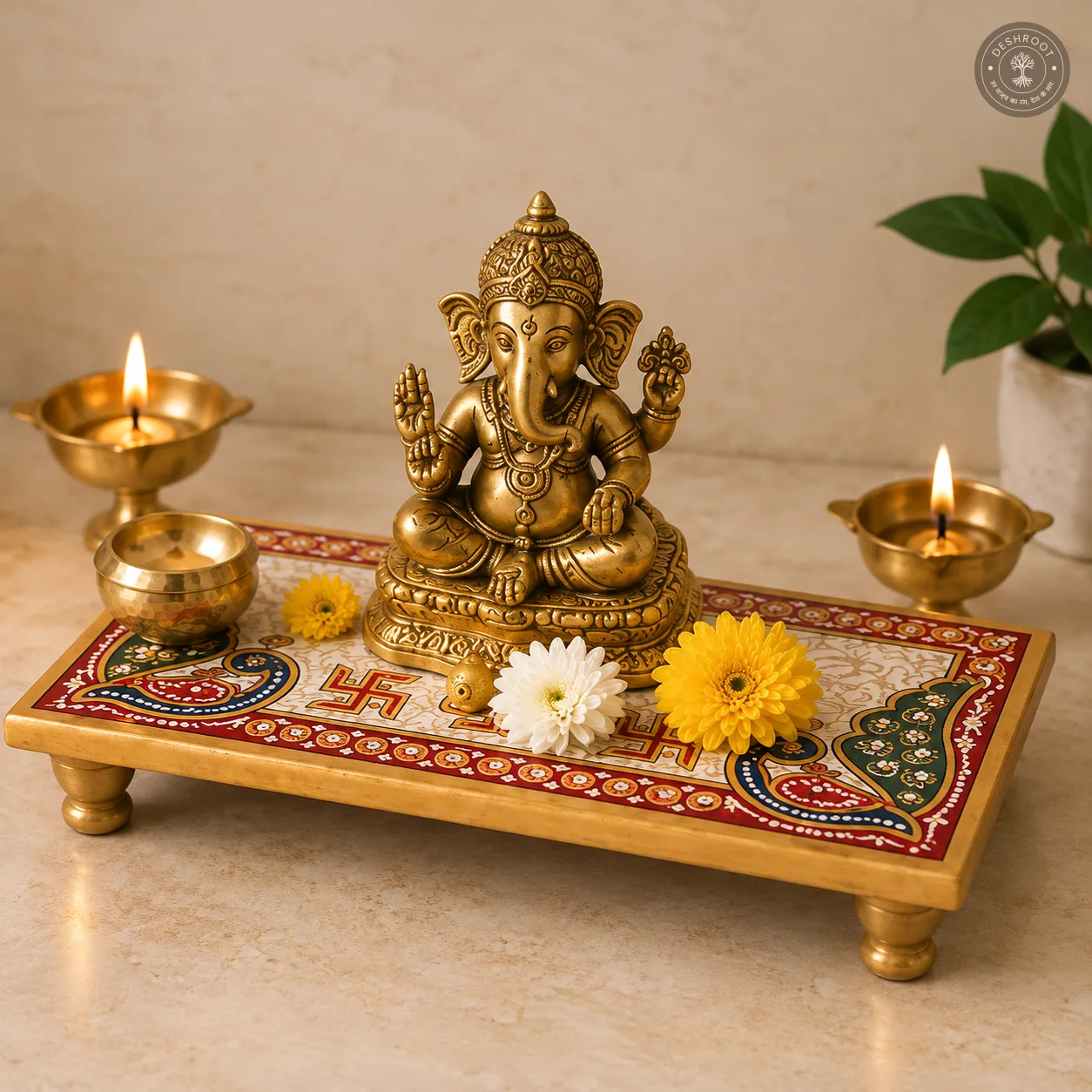 Handcrafted Sangmarmar Marble Pooja Chowki with Peacock Moti Design