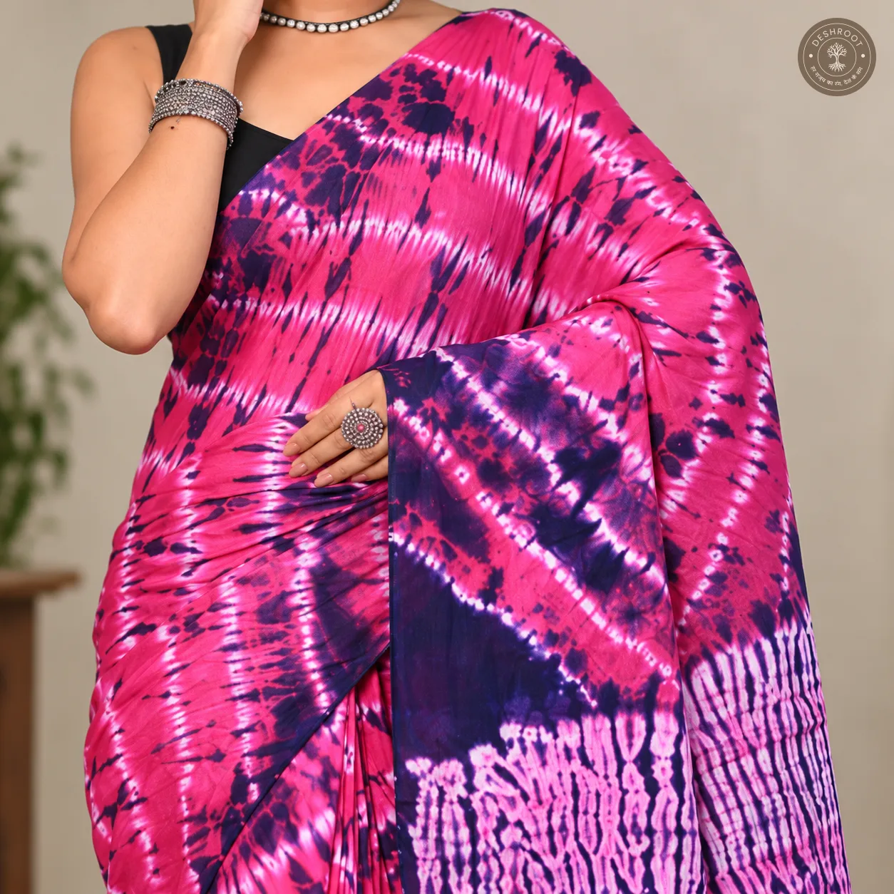 Rani Leher Pink Hand Block Printed Mal Cotton Saree with Tie-Dye Design