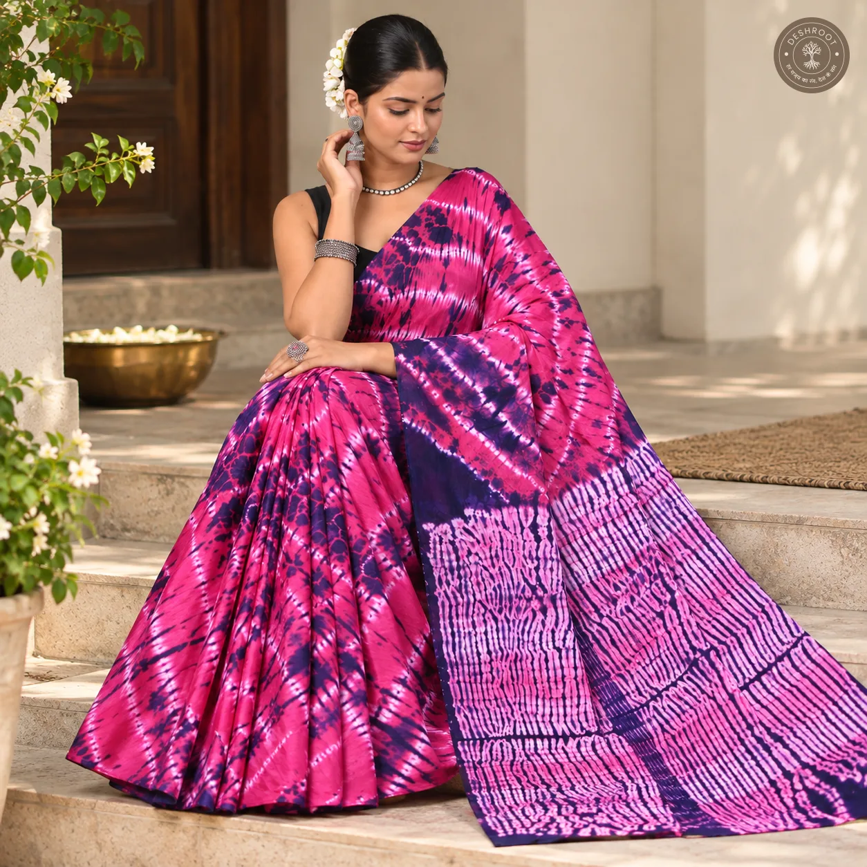 Rani Leher Pink Hand Block Printed Mal Cotton Saree with Tie-Dye Design
